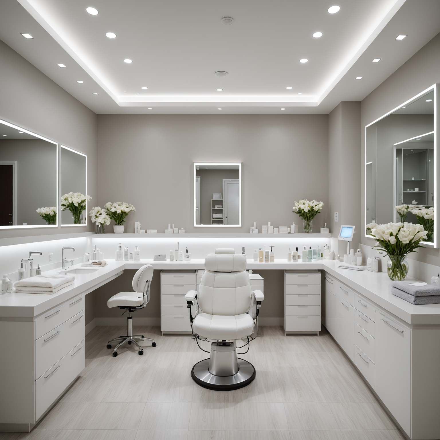 A serene treatment room in a cosmetic clinic with skincare textures and sterile tools visible