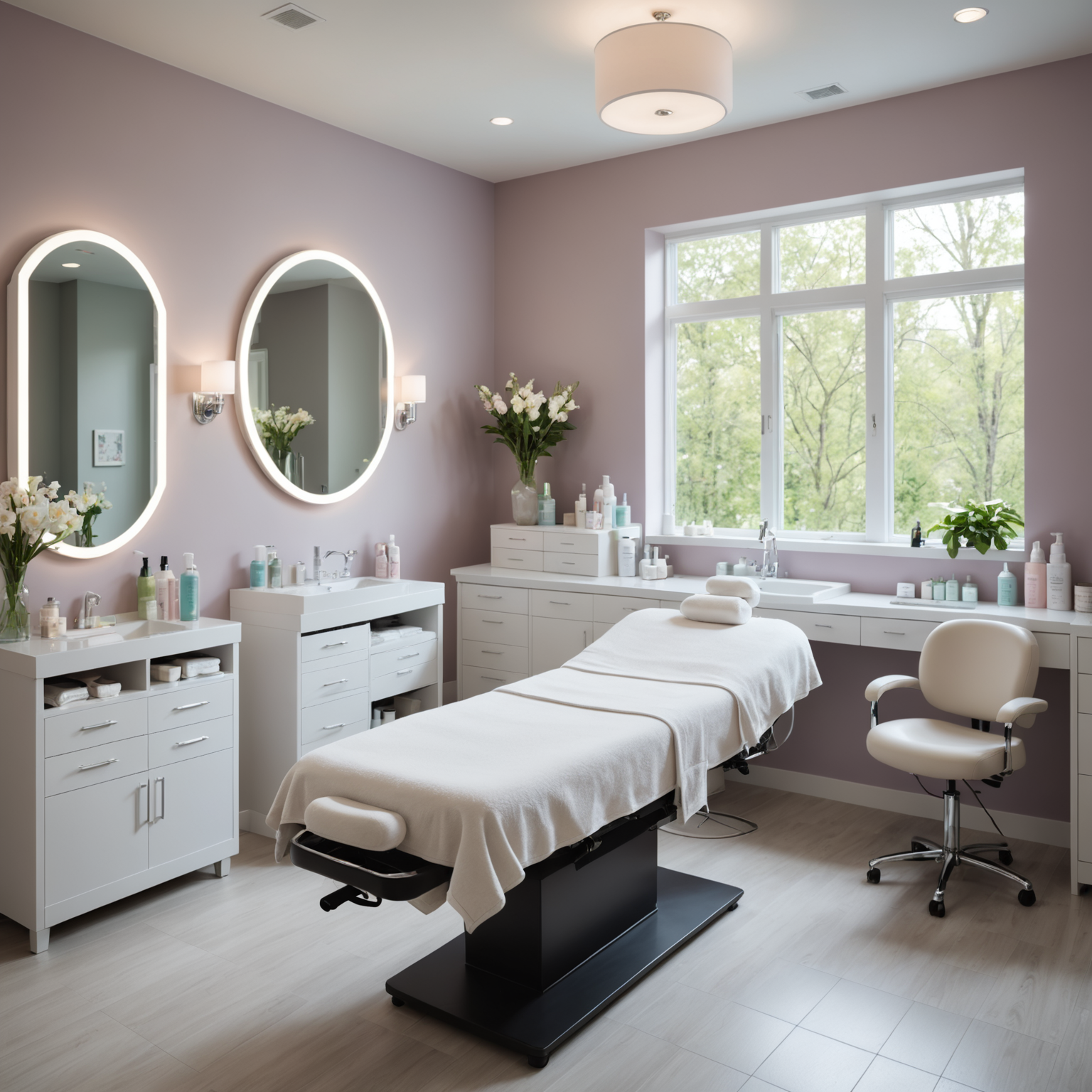 A serene spa interior with an esthetician preparing a treatment room