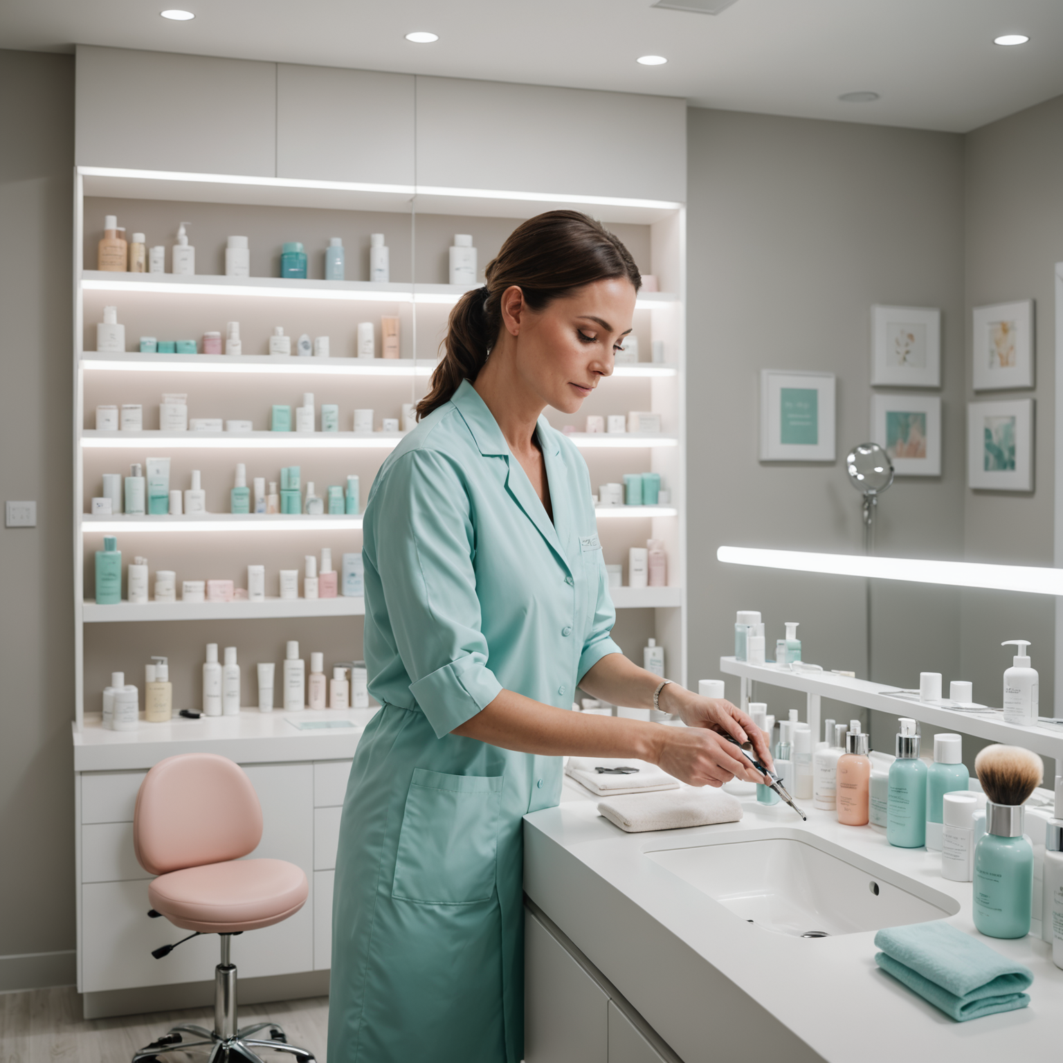A serene cosmetic-clinic treatment room with an esthetician preparing skincare tools