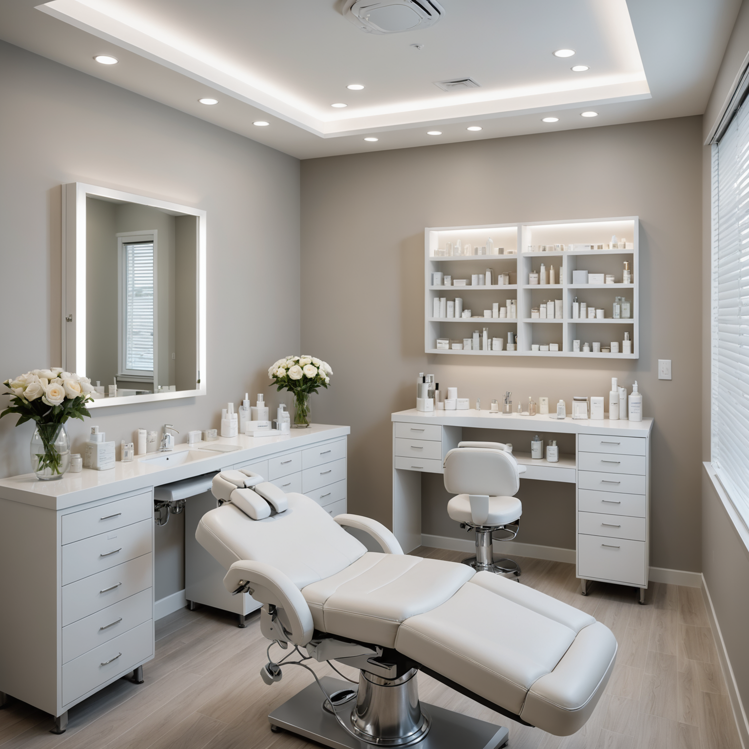 A serene cosmetic clinic treatment room with esthetician tools neatly arranged, evoking a sense of professionalism and care.