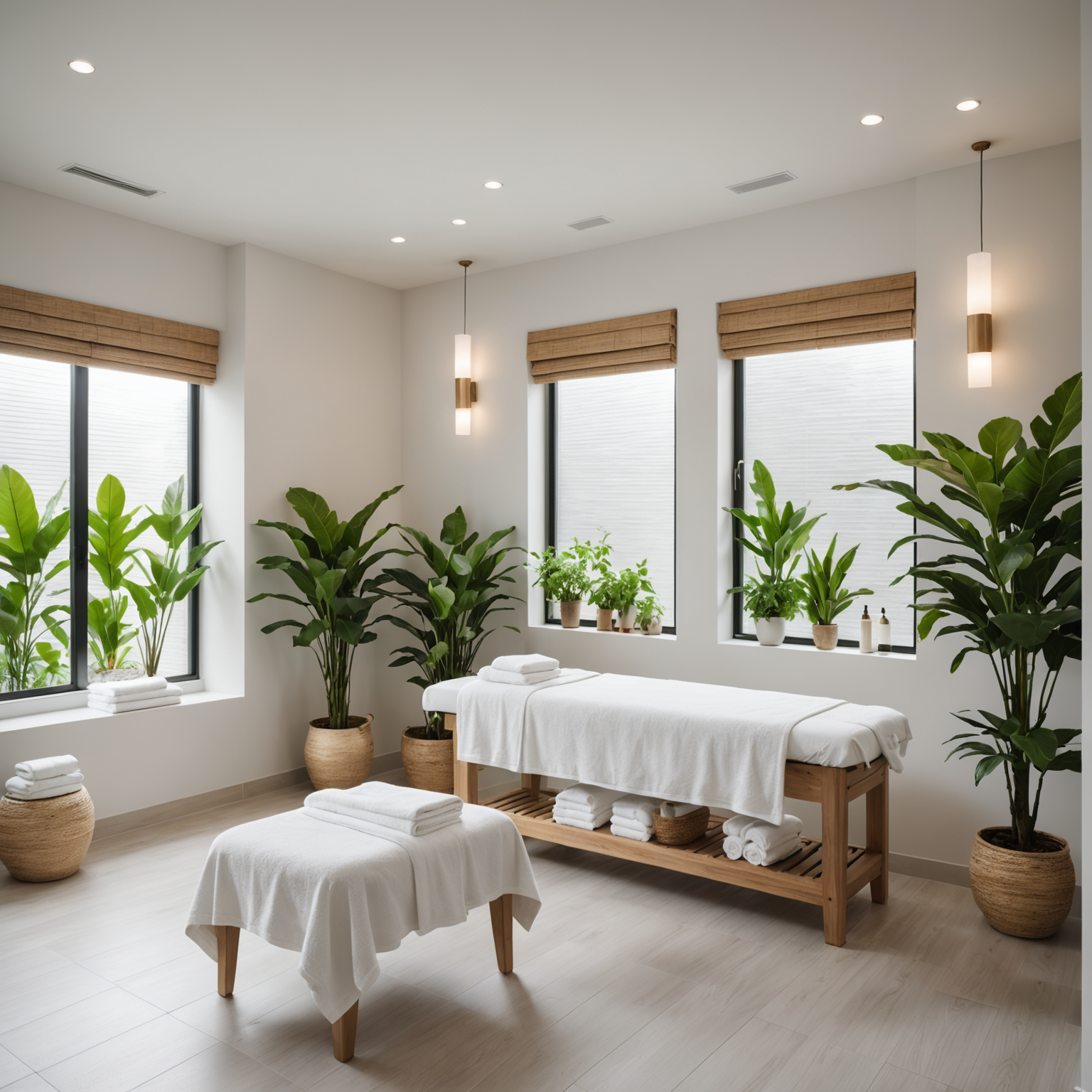 serene med-spa interior with clean white towels, greenery accents, and soft natural light