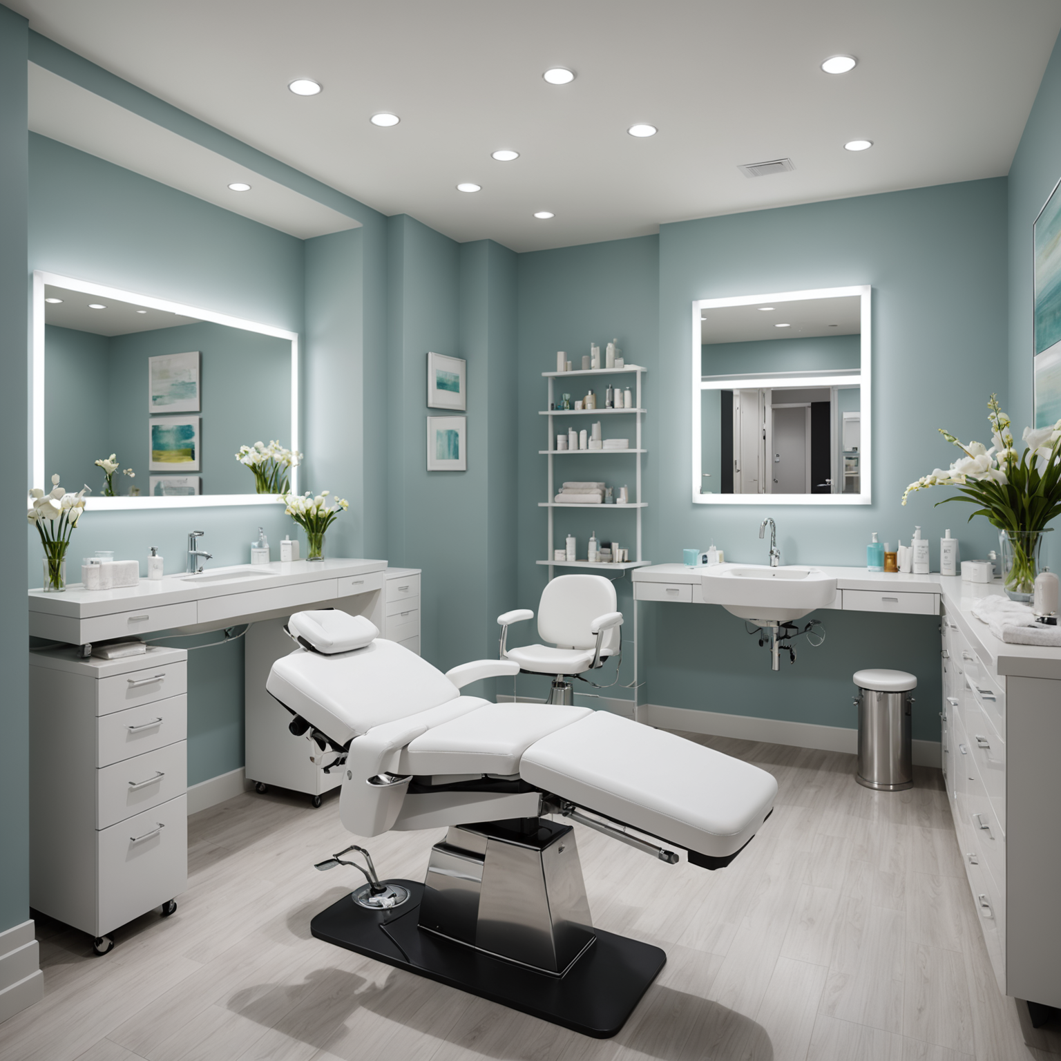 A well-lit, modern treatment room with esthetician's tools neatly arranged on a sterile surface.