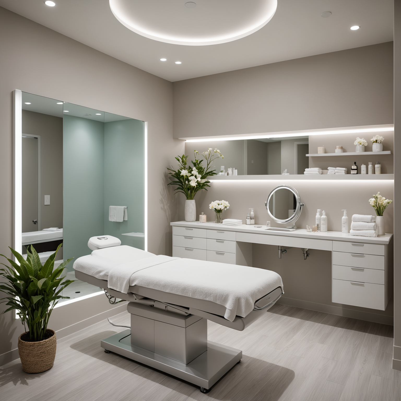 A serene treatment room with sterile tools and soothing spa interior