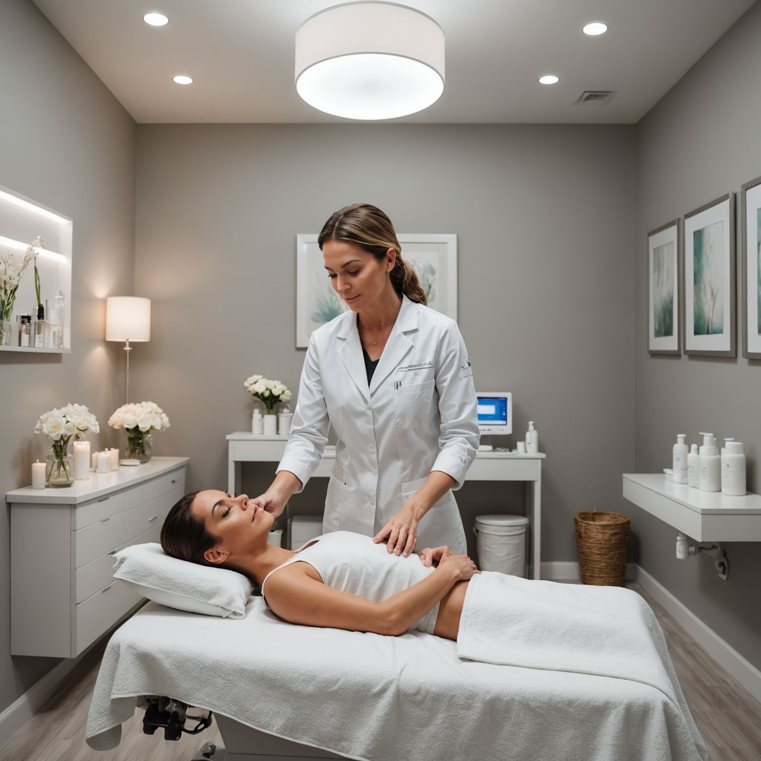 A serene treatment room with an esthetician preparing NAD IV therapy