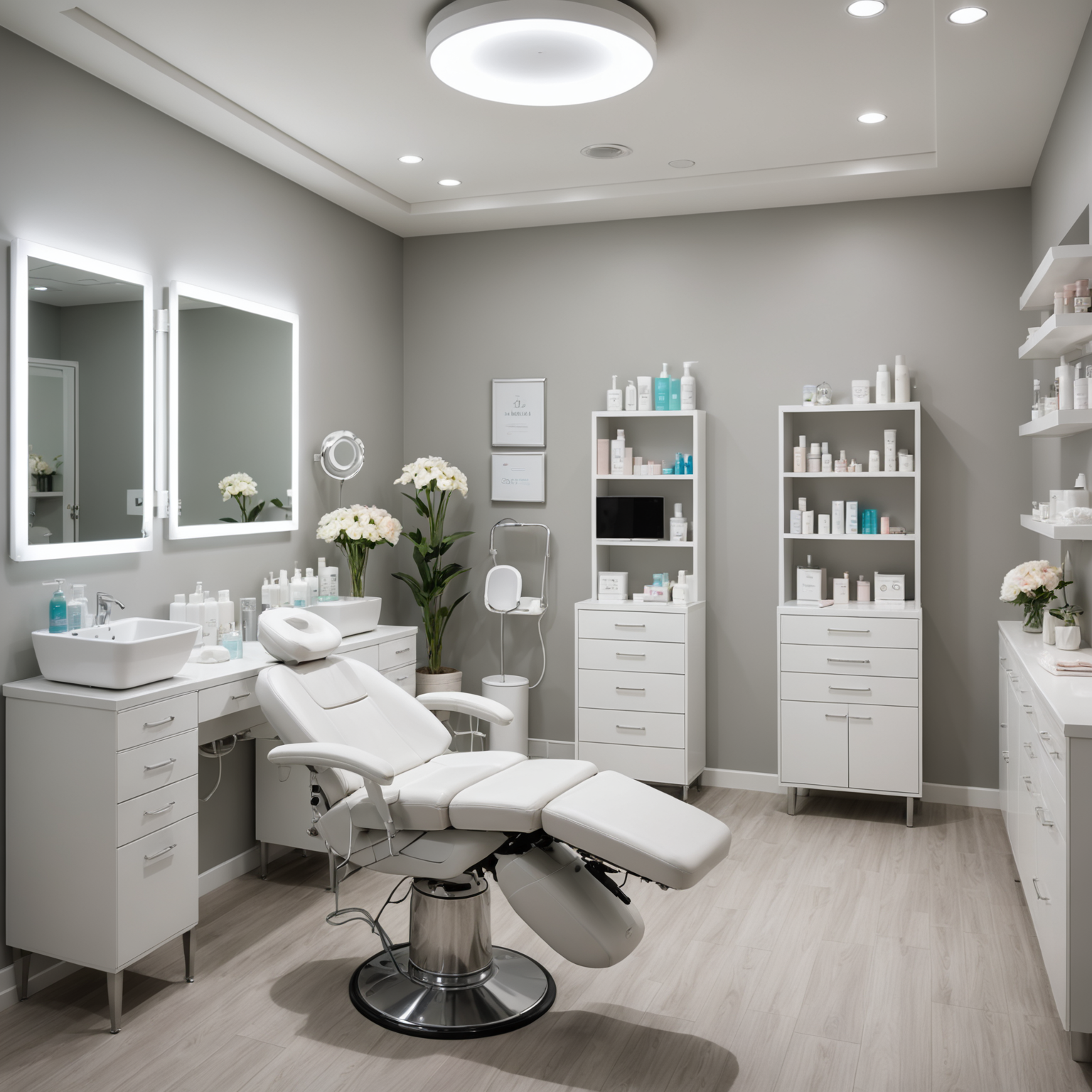 A serene cosmetic clinic treatment room with an esthetician preparing sterile tools for a procedure.