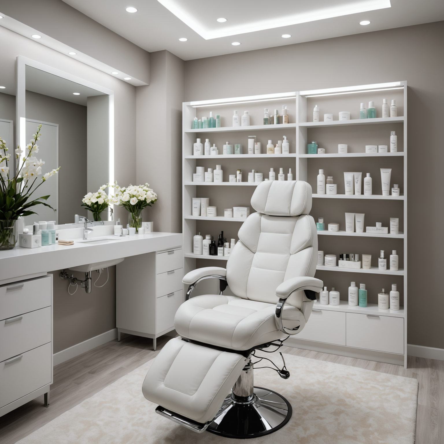 A serene cosmetic clinic treatment room featuring a comfortable chair, soft lighting, and an array of skincare products.