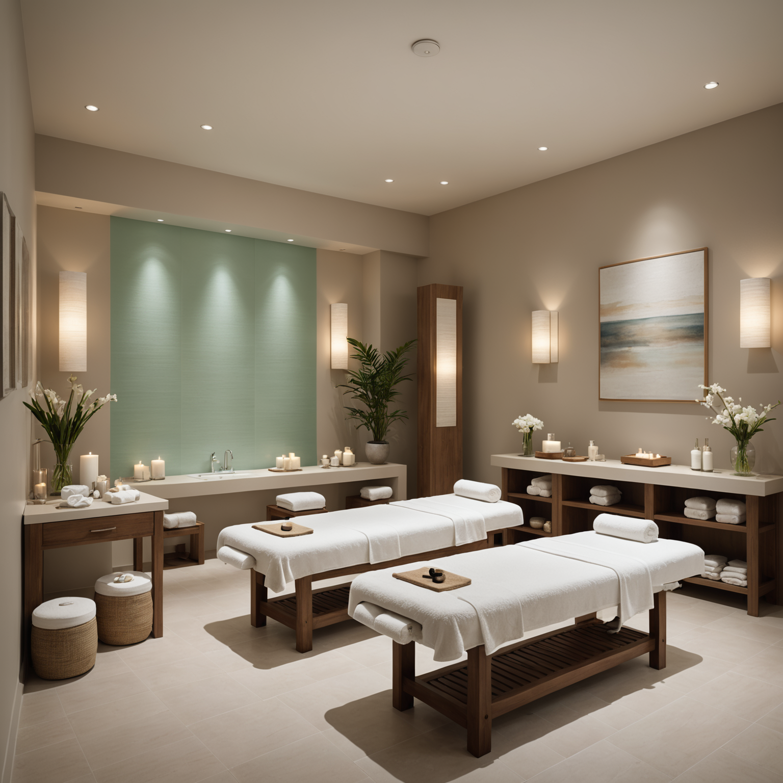 A serene spa interior with plush treatment tables and a calming ambiance.