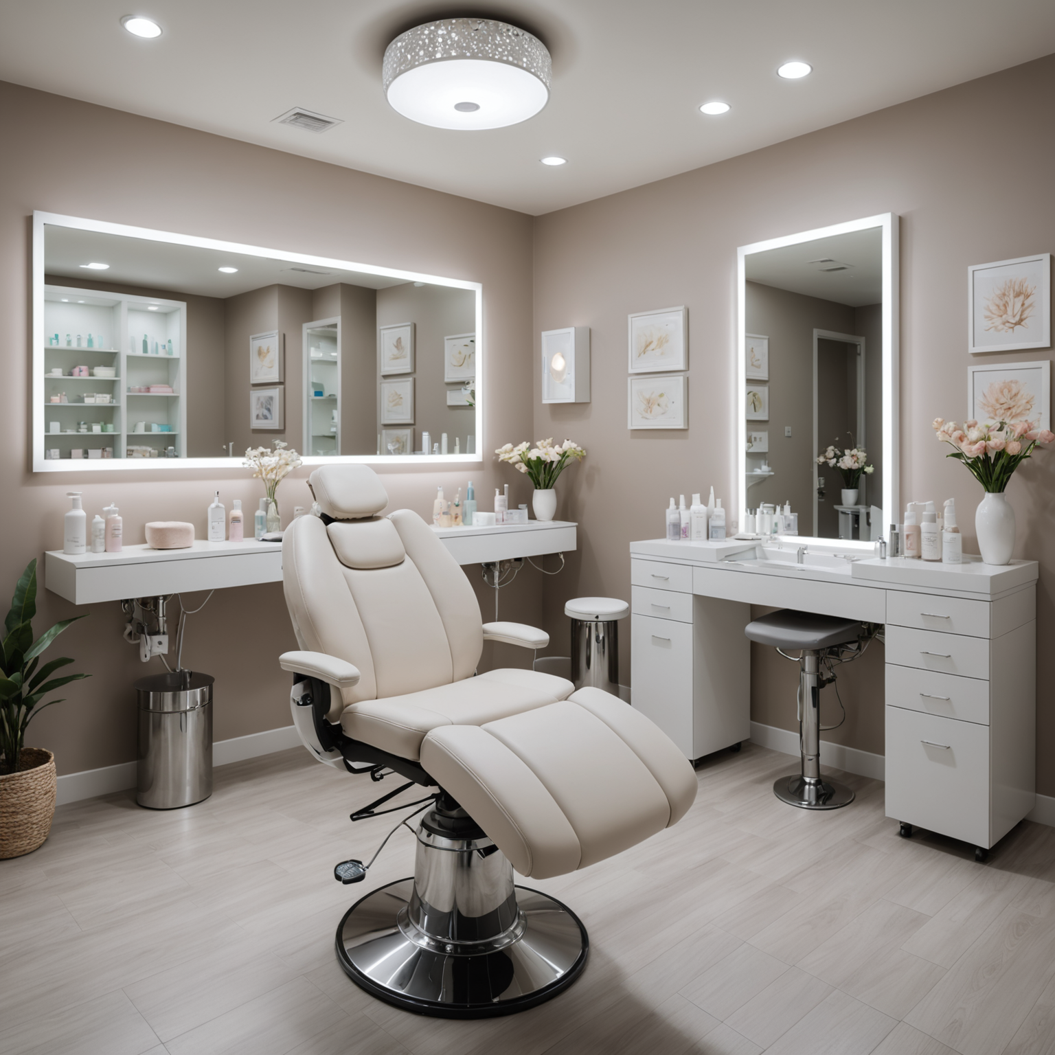 A serene cosmetic treatment room with an esthetician's hands preparing sterile tools for a dermal filler procedure