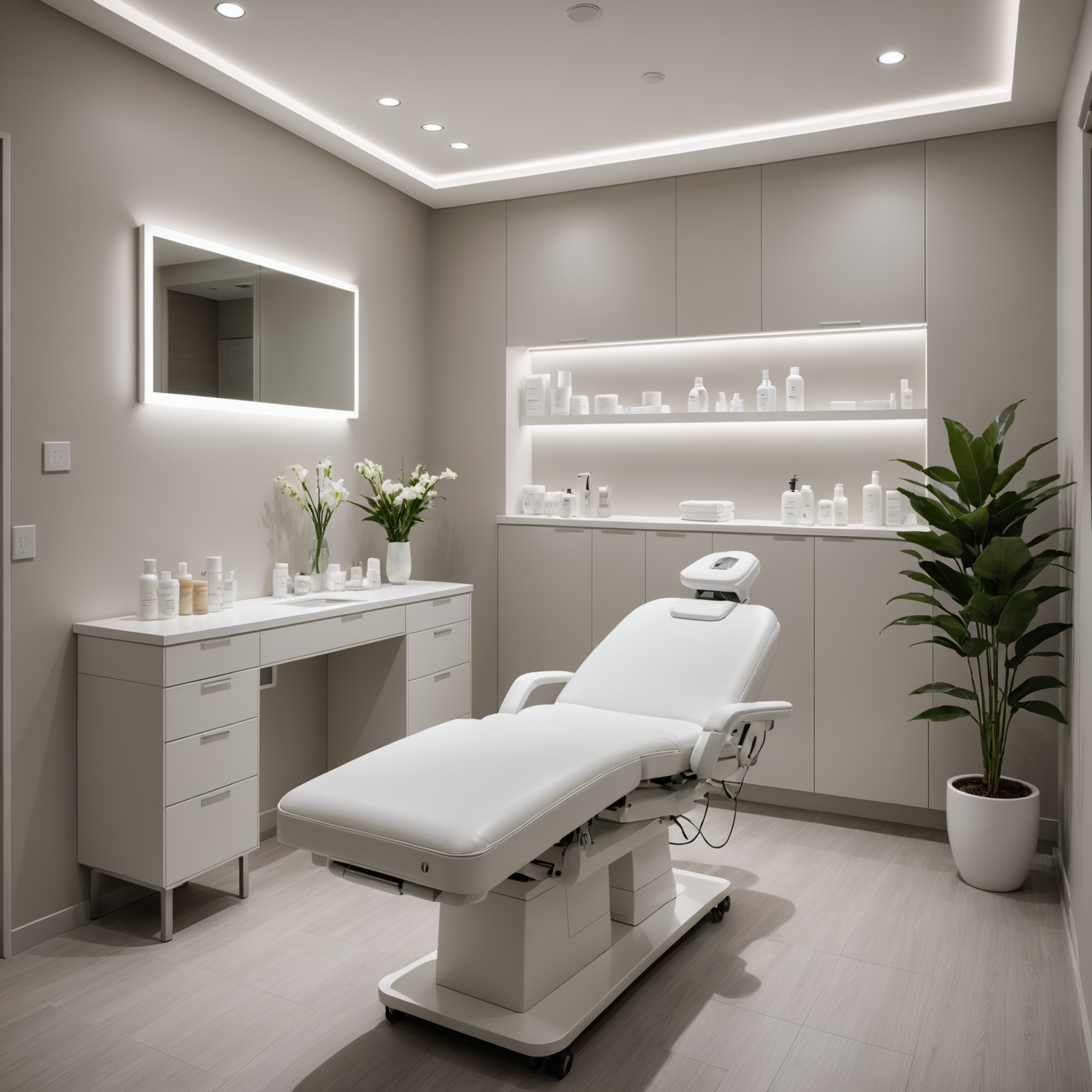 A serene cosmetic clinic treatment room with soft lighting and skincare products