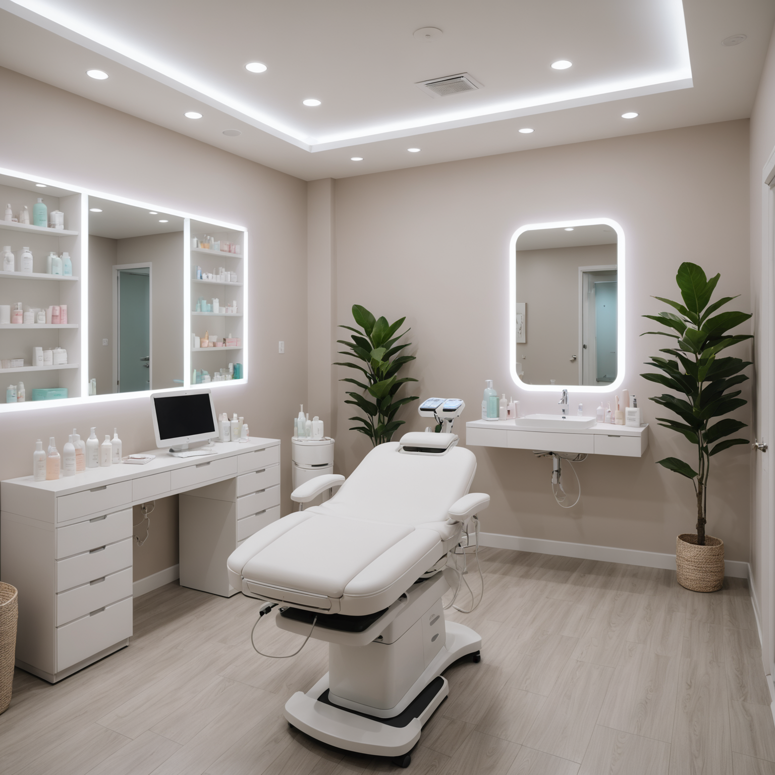 A serene cosmetic clinic treatment room with an esthetician's hands preparing for a Fotona laser session.