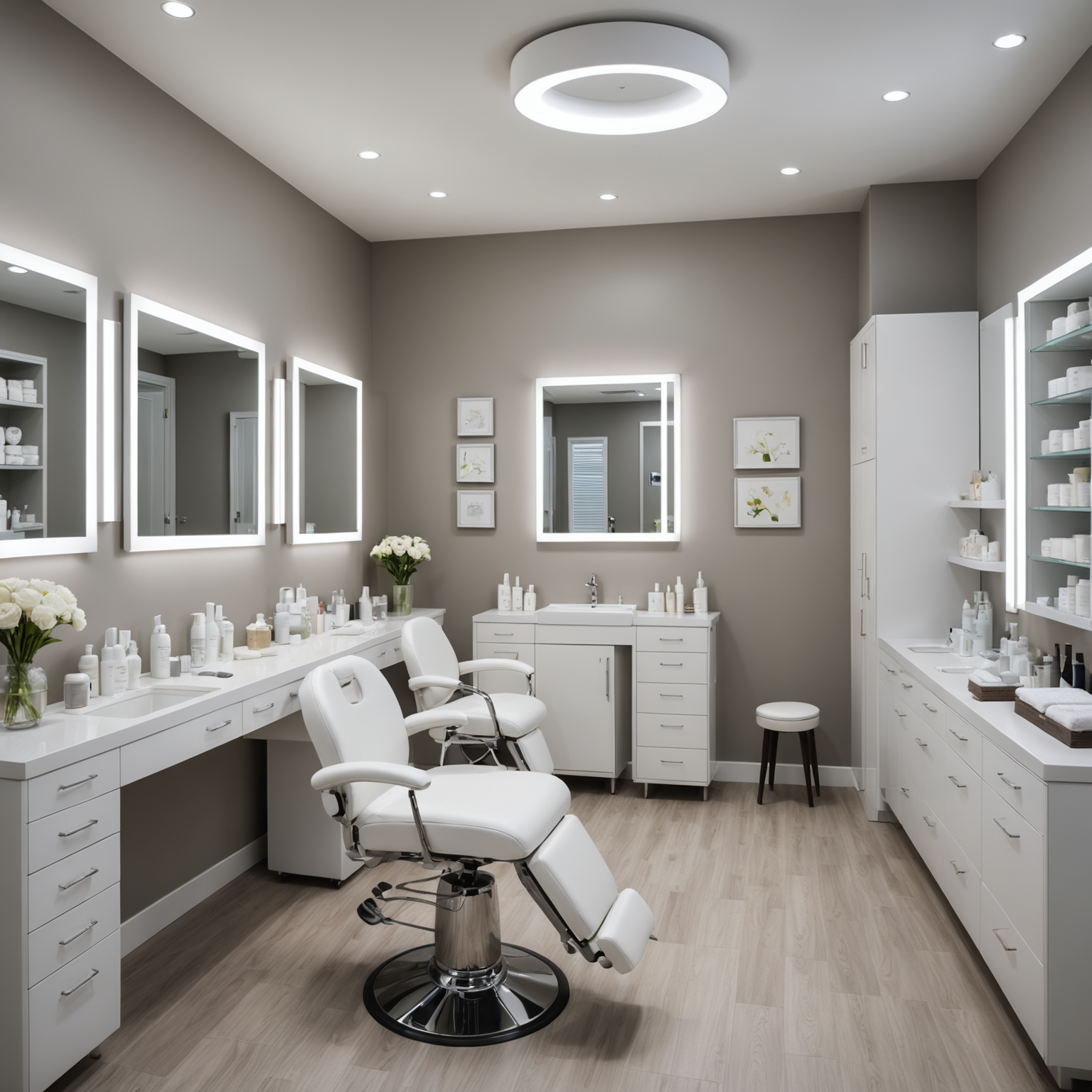 A serene cosmetic clinic treatment room with an esthetician's hands preparing tools.
