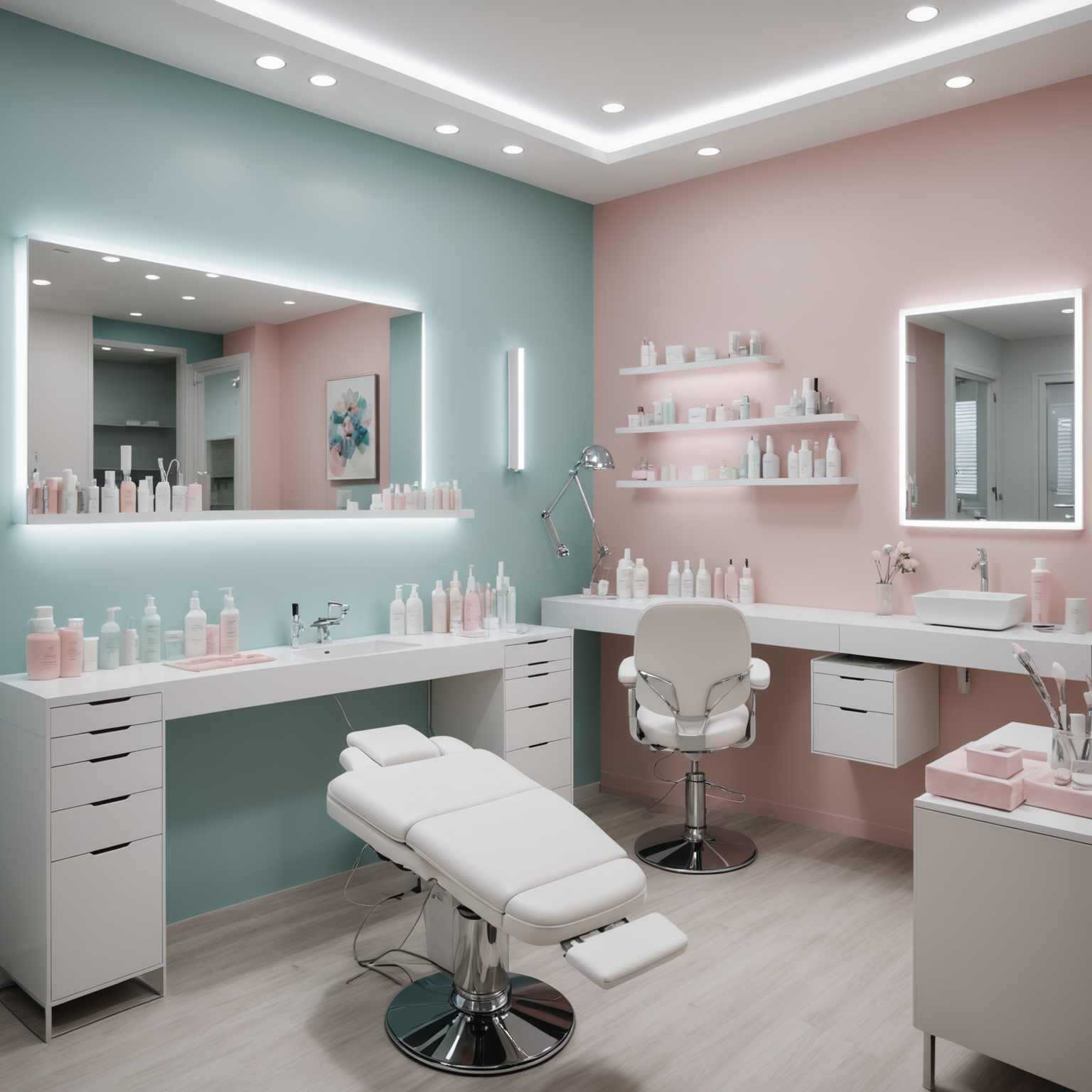 A serene treatment room in a cosmetic clinic with esthetician hands preparing sterile tools.