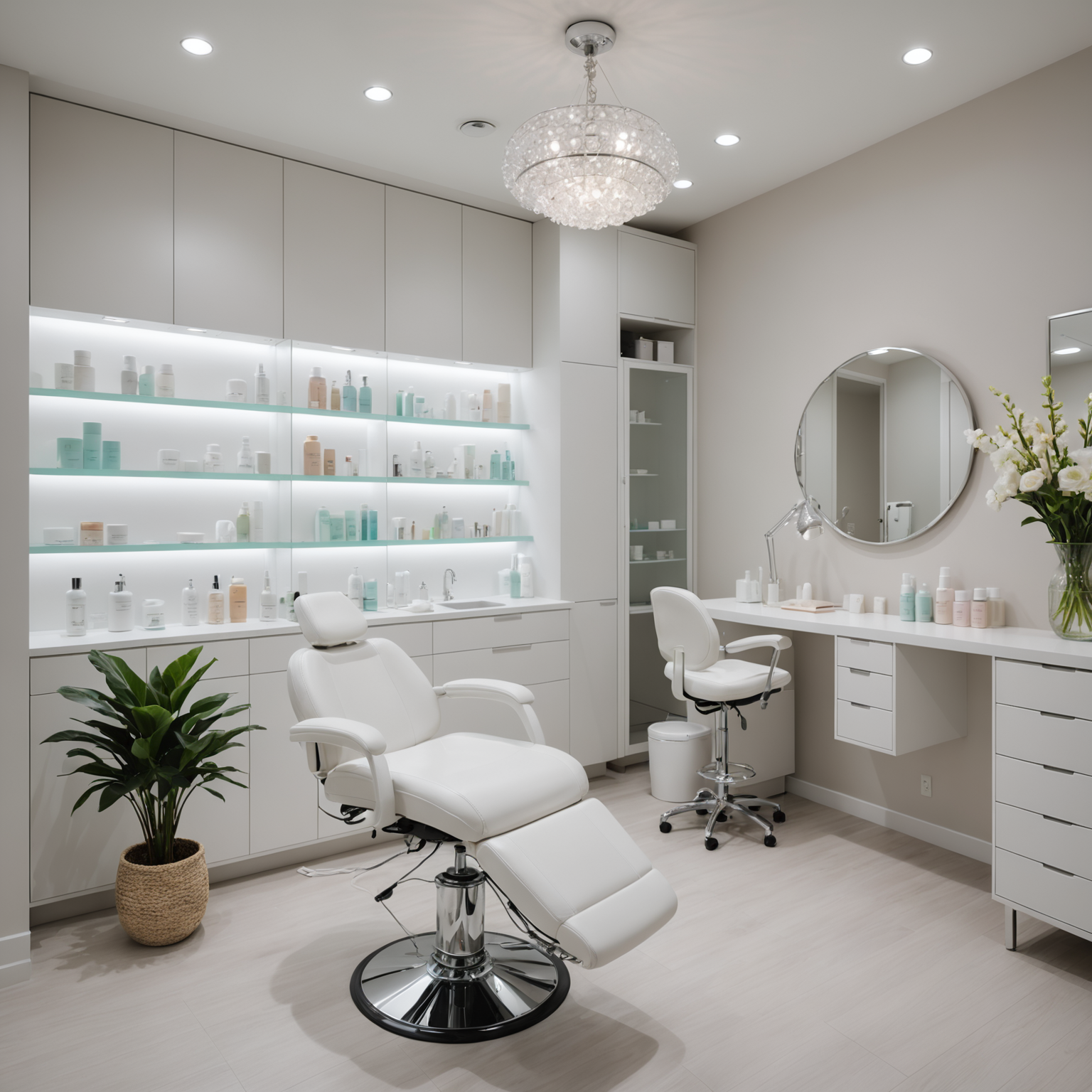 A serene cosmetic-clinic treatment room with an esthetician preparing skincare tools.