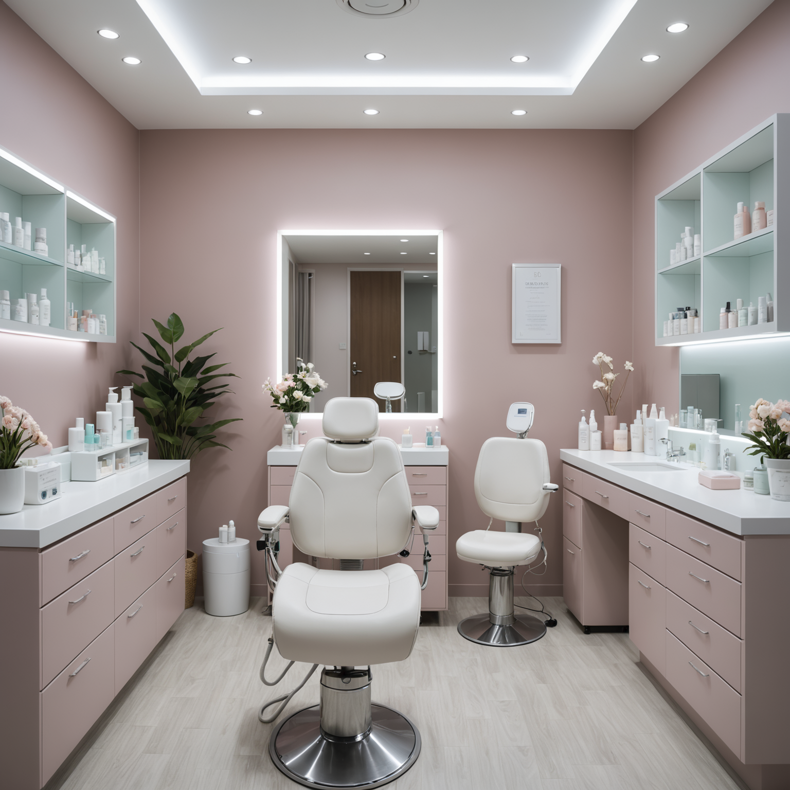 A serene cosmetic clinic treatment room with sterile tools and skincare textures
