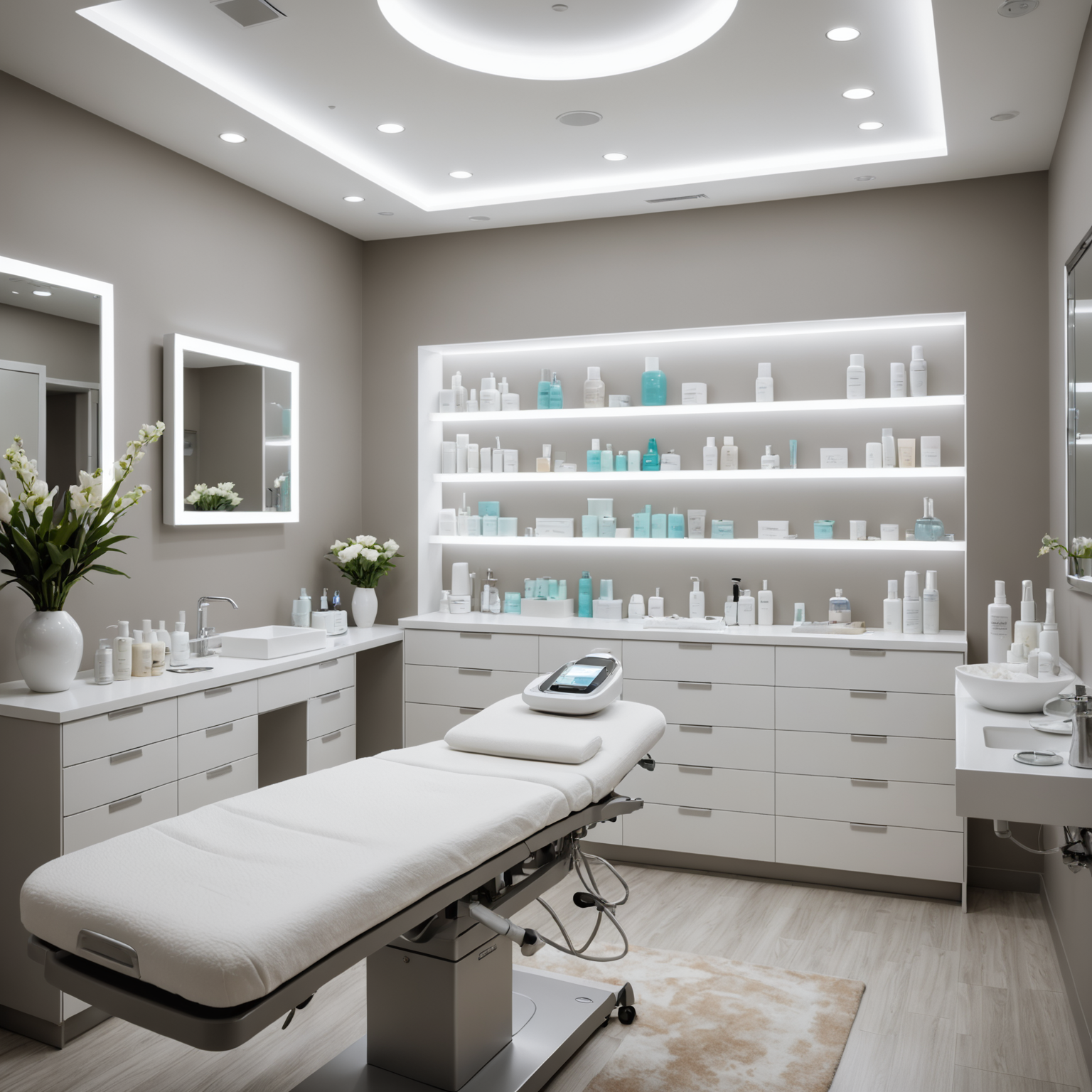 A serene cosmetic clinic treatment room with soft lighting and an esthetician's hands preparing skincare tools.