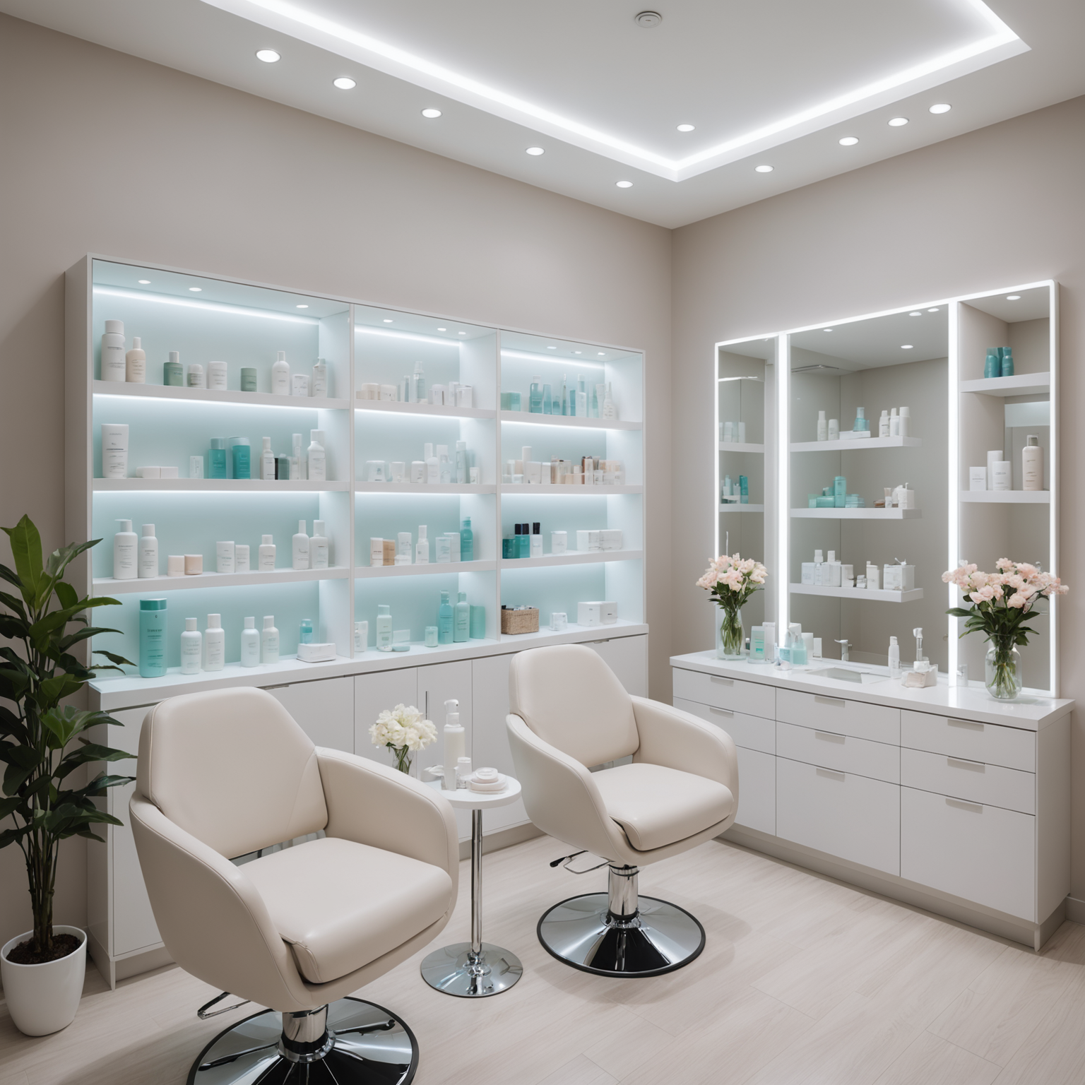 A serene cosmetic-clinic room with soft lighting and an array of skincare products on a shelf, highlighting the tranquil environment where the peel might be applied.