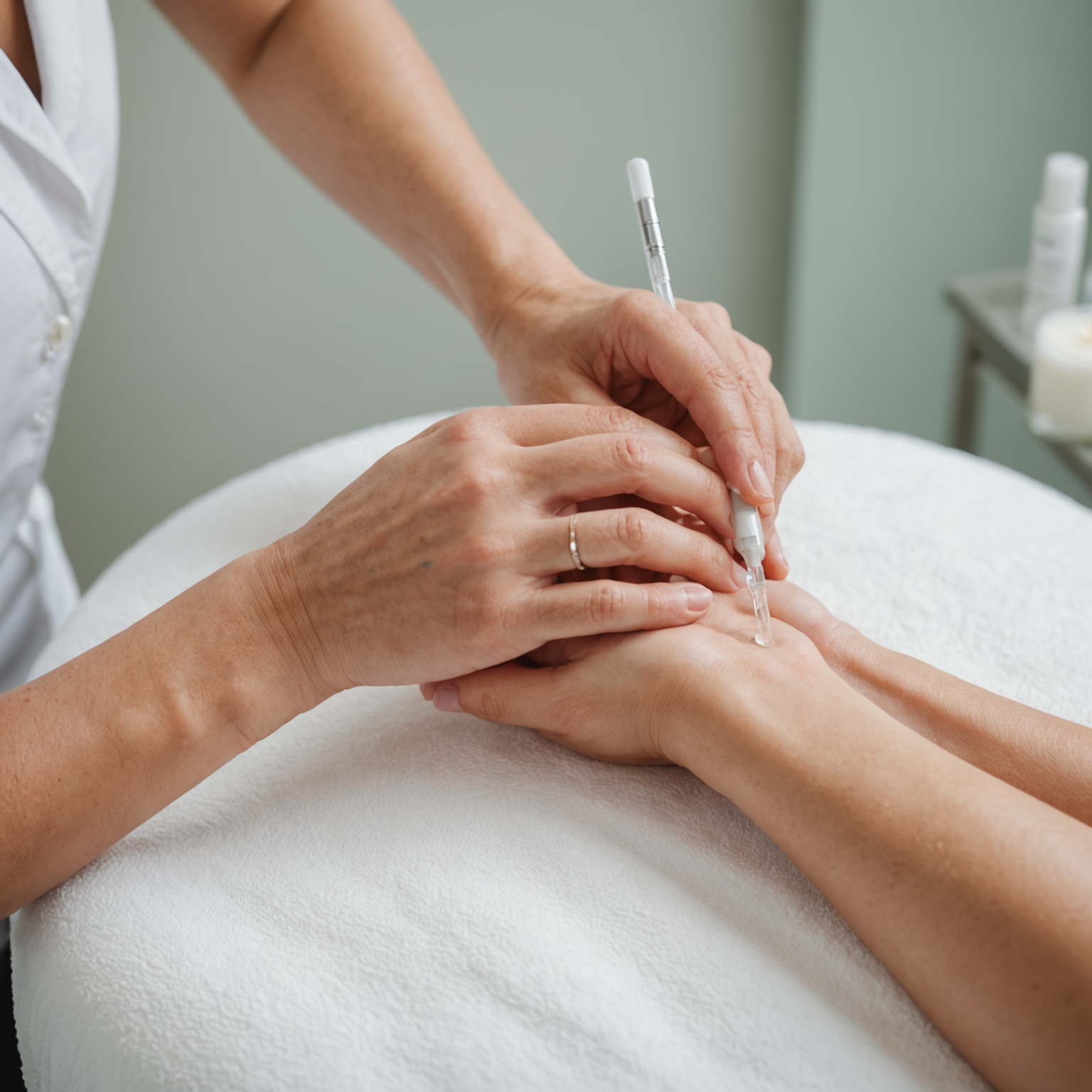 Aesthetician hands preparing dermal fillers in a spa-like treatment room