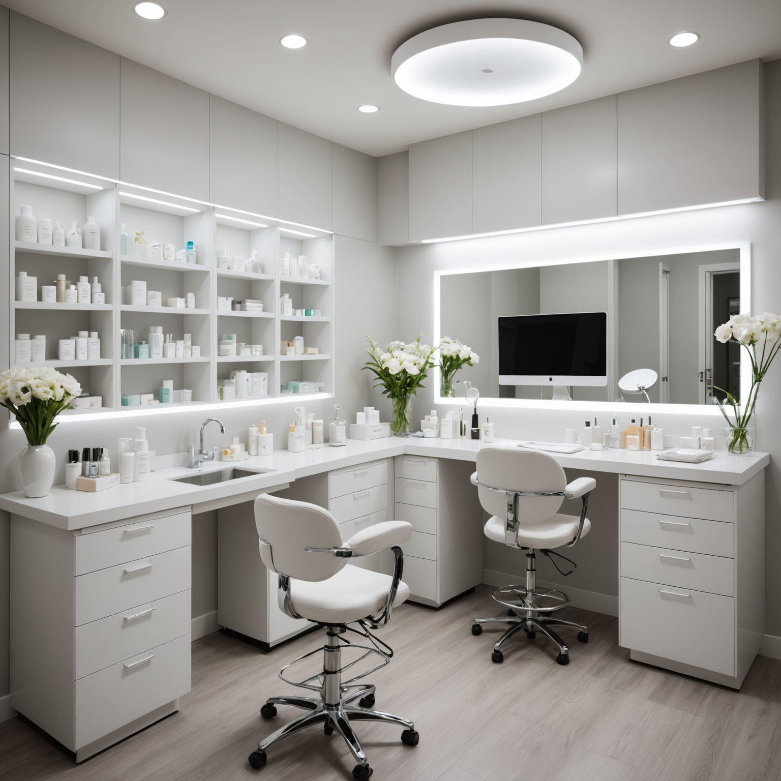 A serene cosmetic-clinic treatment room with an esthetician preparing tools