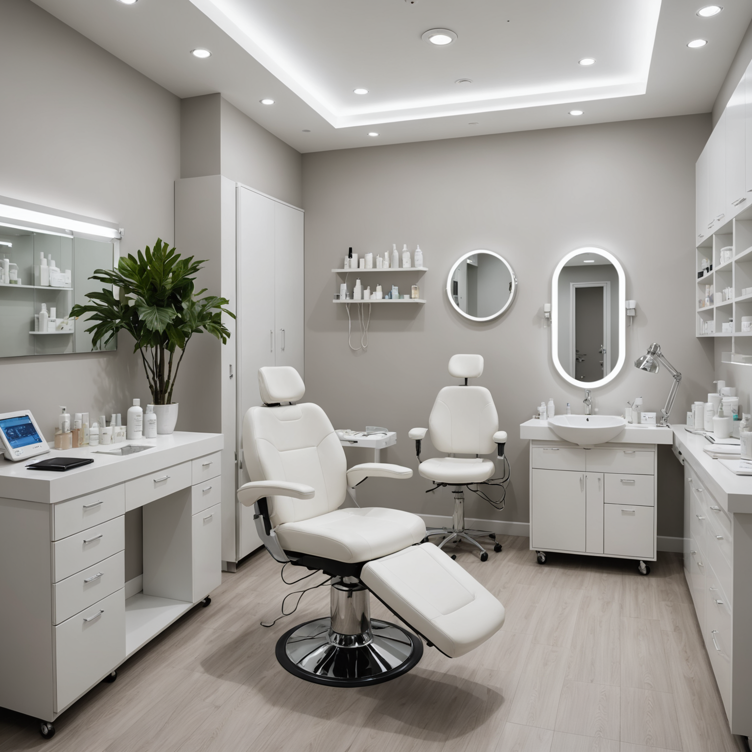 A serene cosmetic clinic room with a comfortable chair and sterile tools ready for a treatment session.