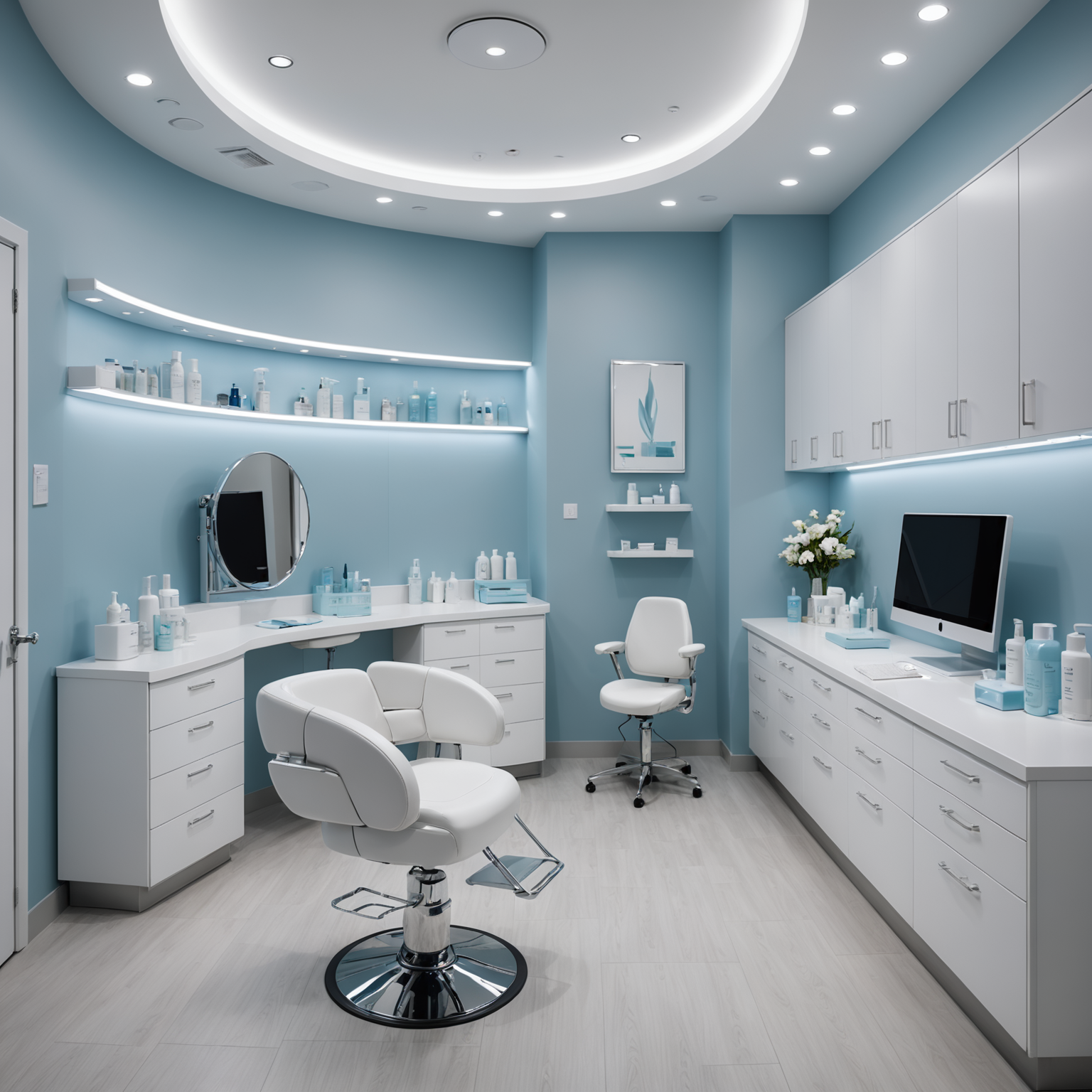 A serene cosmetic clinic treatment room with esthetician tools neatly arranged