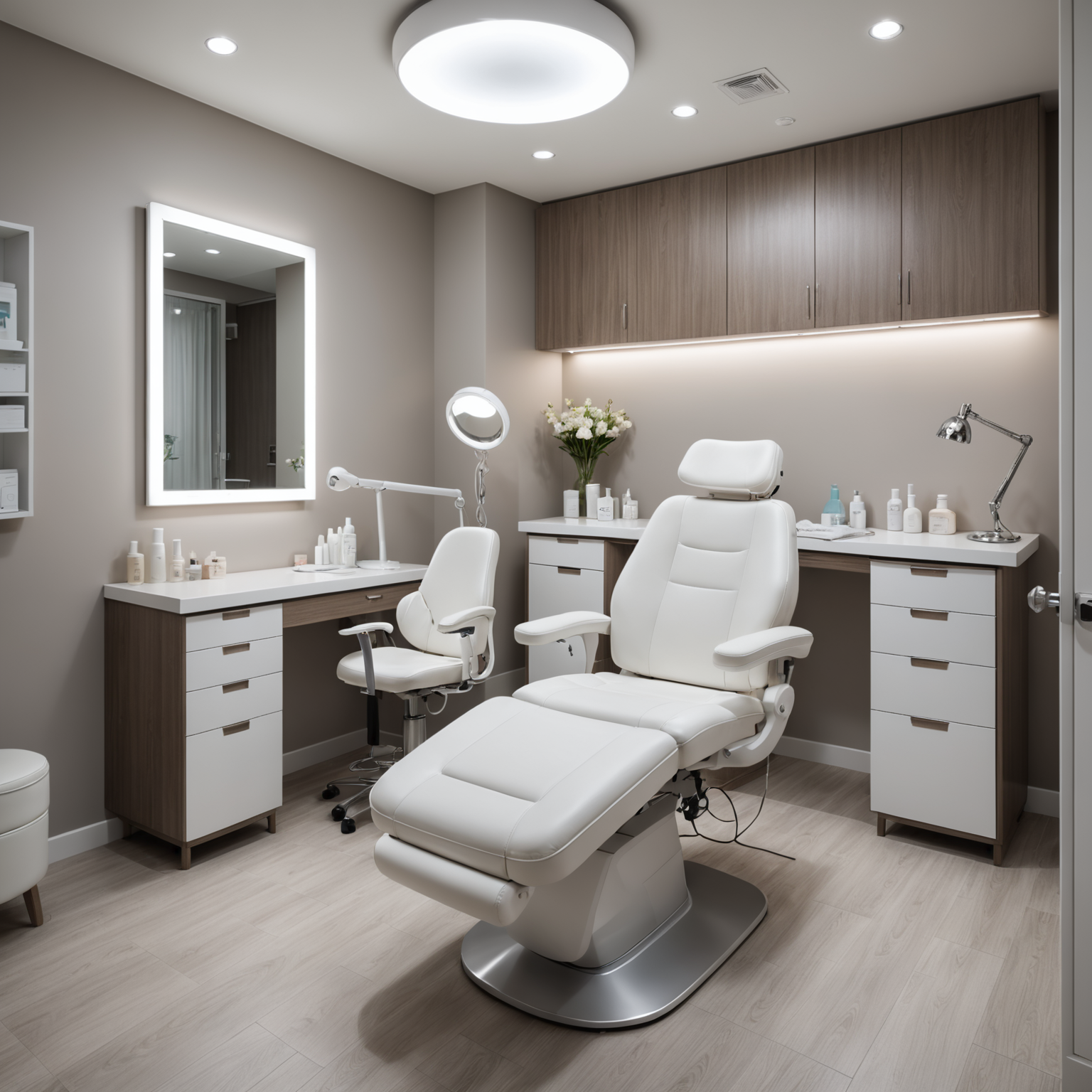 A serene treatment room in a cosmetic clinic, showcasing a comfortable chair and professional medical tools.