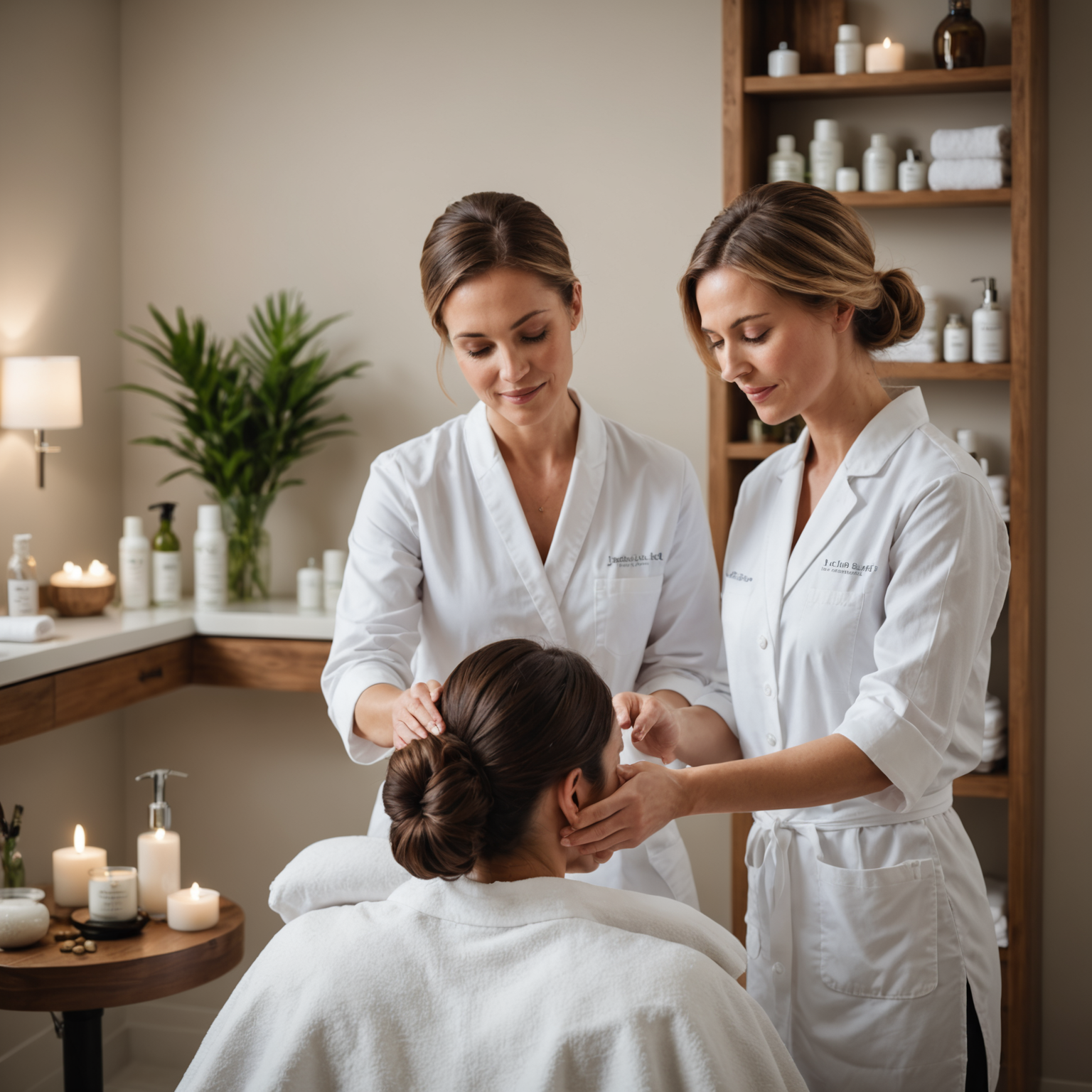 A serene spa interior with an esthetician's hands gently treating a client's hair in a well-lit, sterile environment.