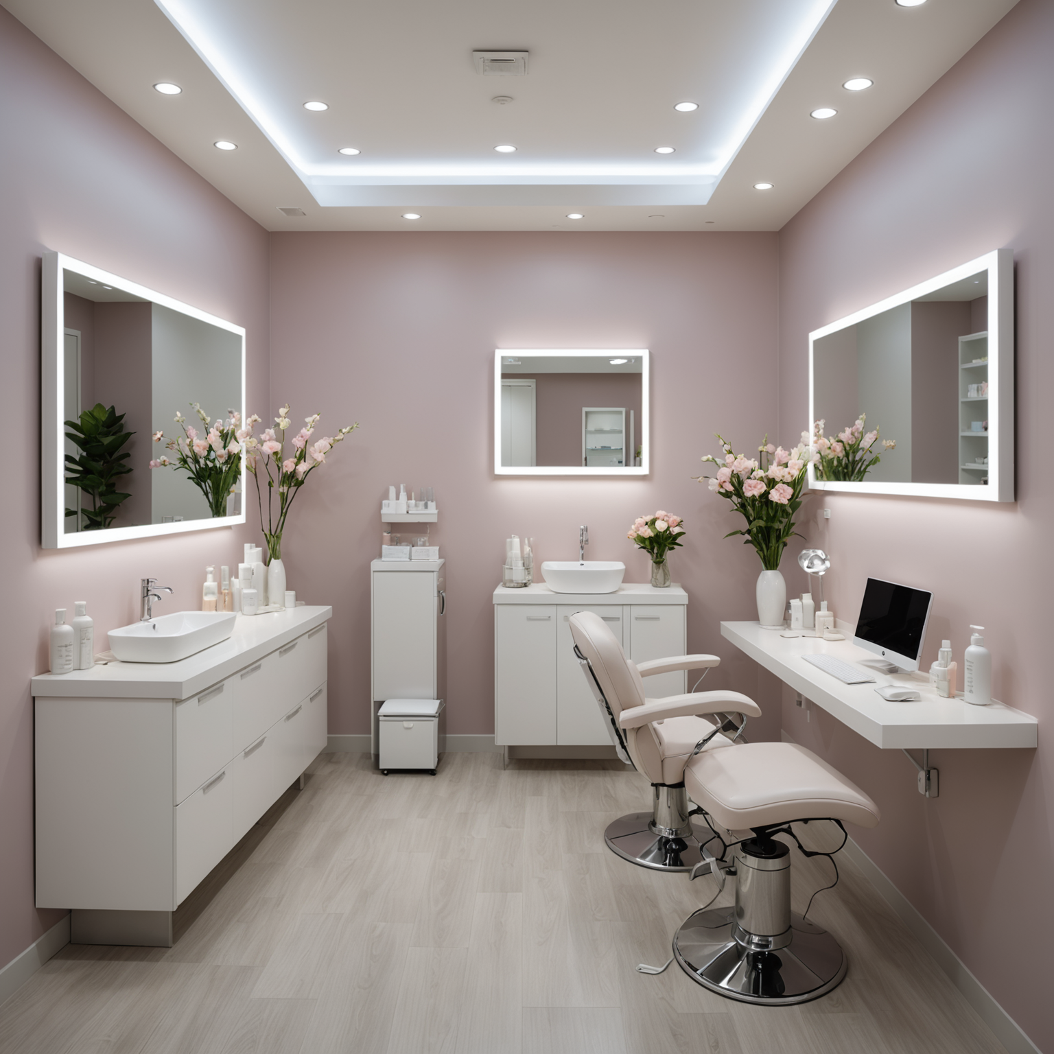 A serene cosmetic clinic treatment room with soft lighting and sterile tools arranged neatly