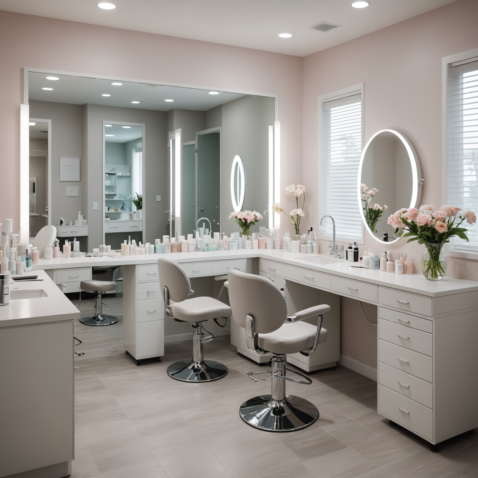 A serene cosmetic treatment room with an esthetician preparing skincare tools.