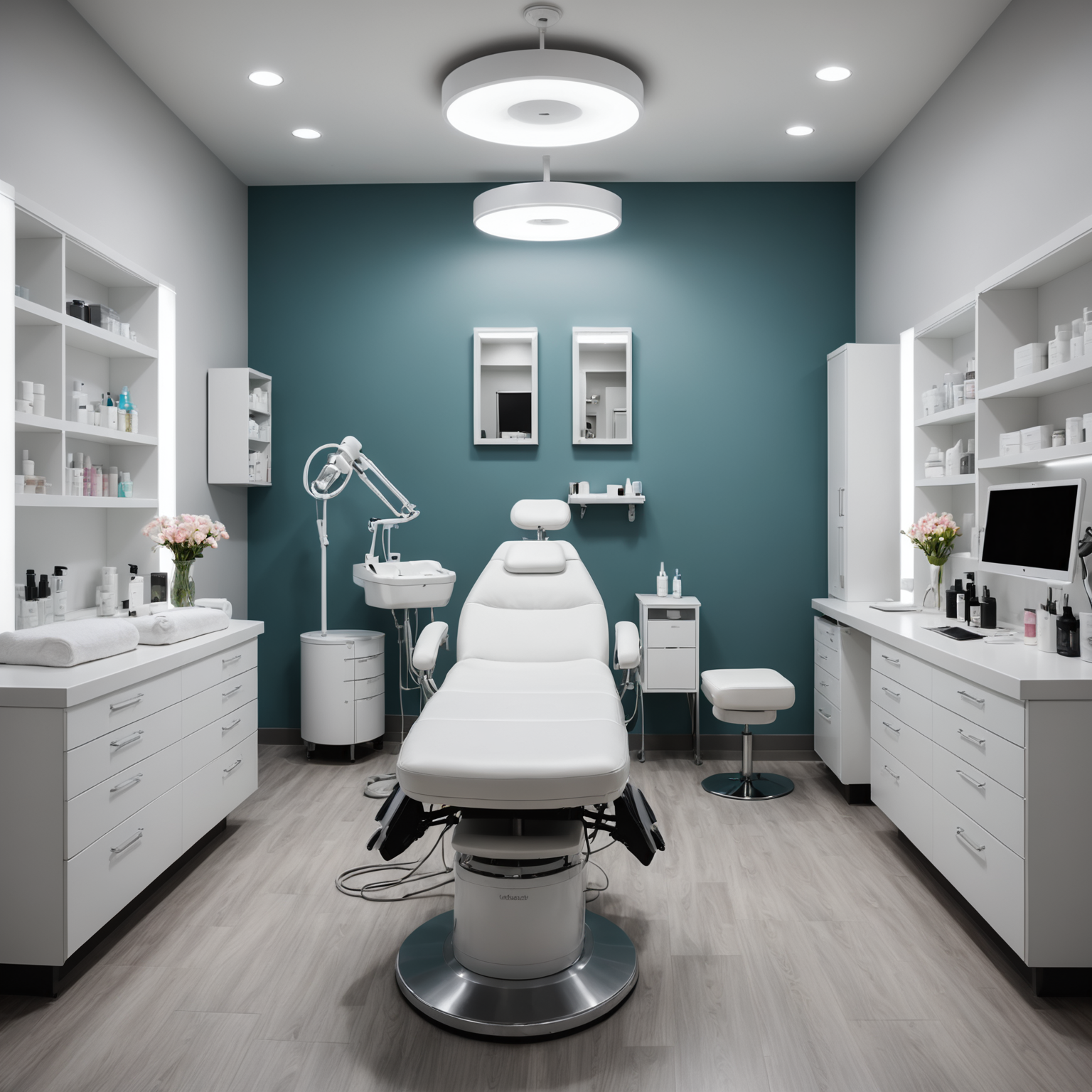 A modern, sterile cosmetic clinic room with a treatment table and esthetician tools