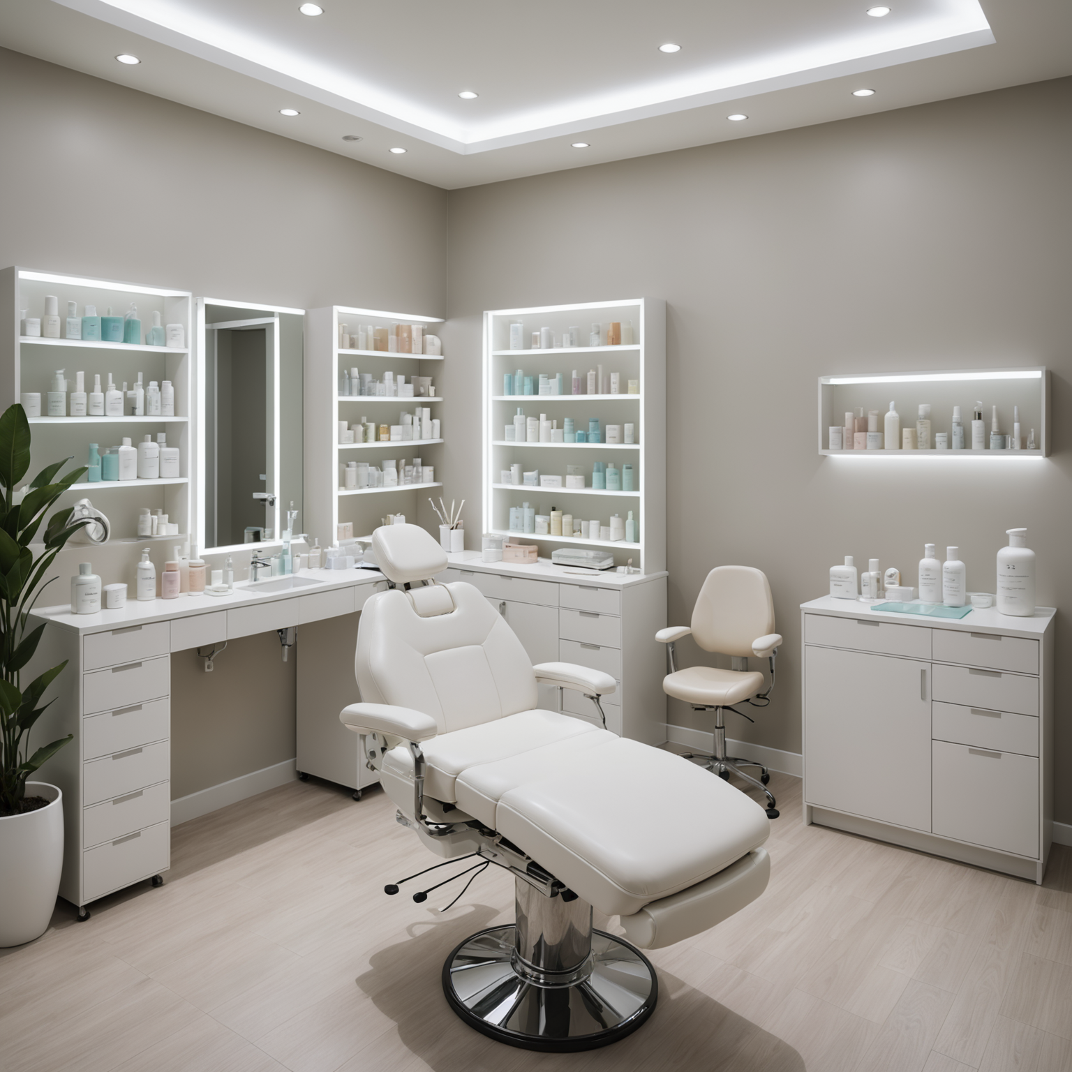 A serene cosmetic clinic treatment room with skincare textures and sterile tools.