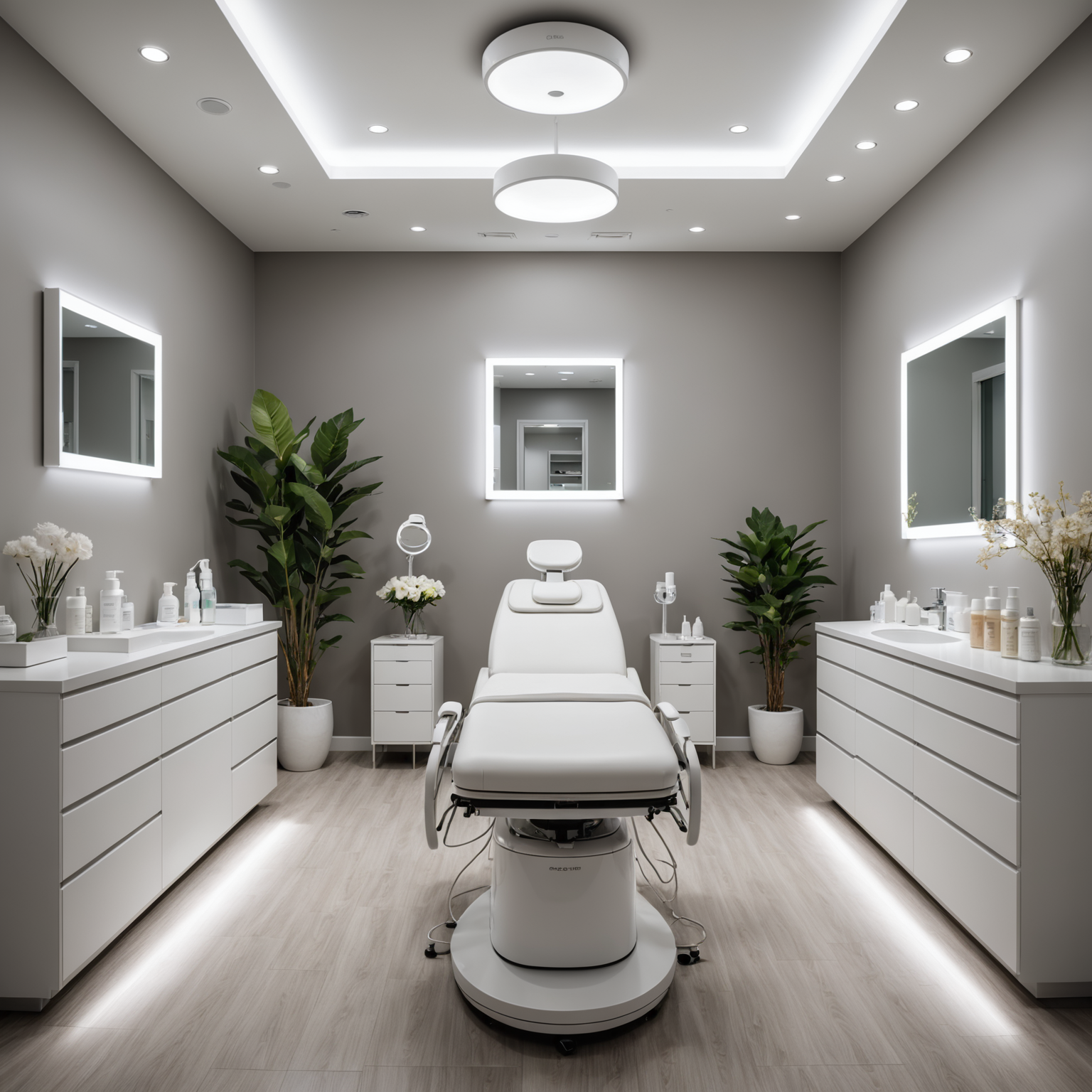 A serene and sterile treatment room in a cosmetic clinic, complete with esthetician tools and skincare products.