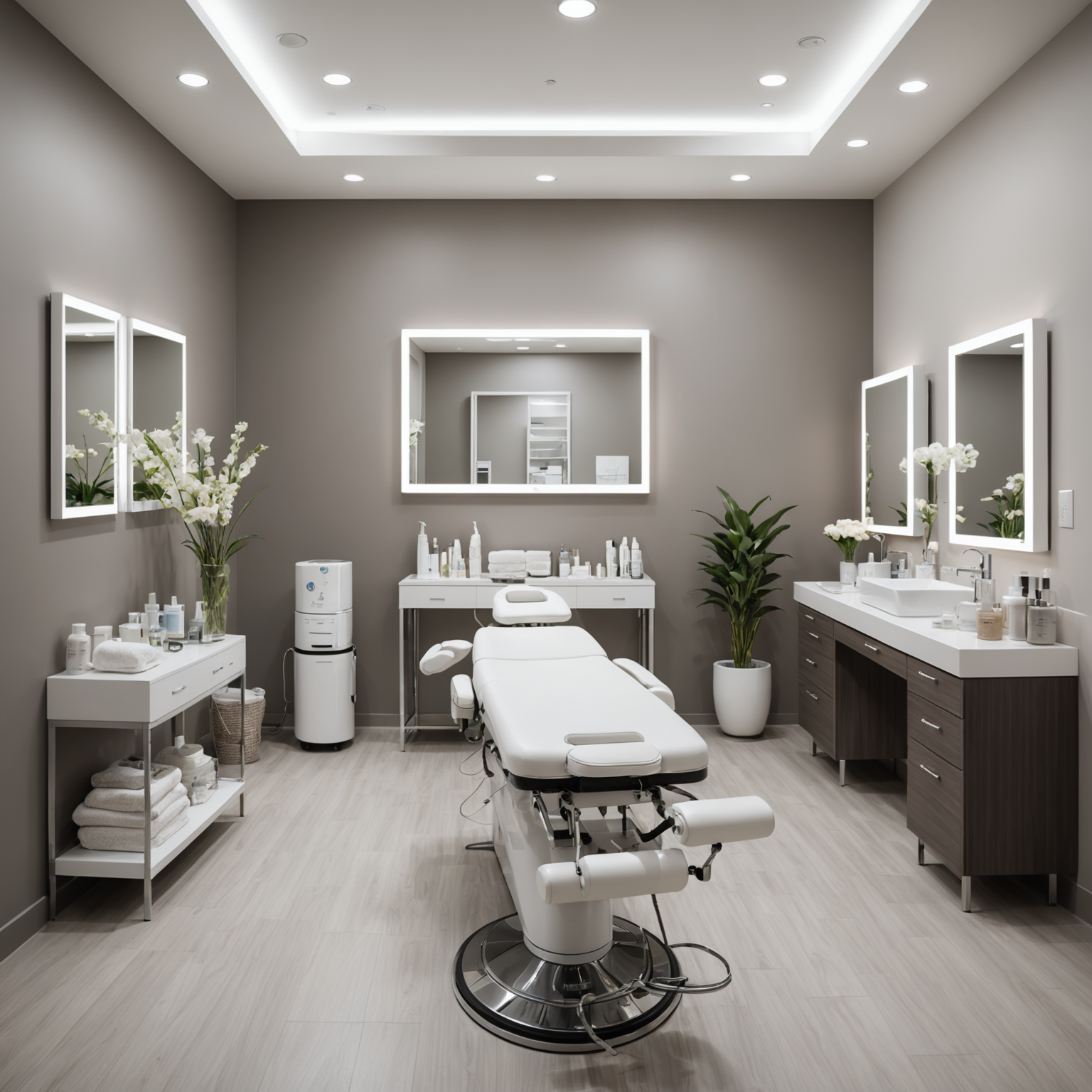A serene cosmetic clinic treatment room with esthetician tools neatly arranged.