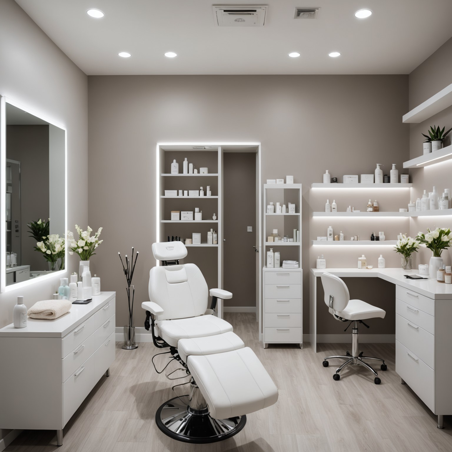 A serene, professional treatment room in a cosmetic clinic, showcasing esthetician tools and skincare products.