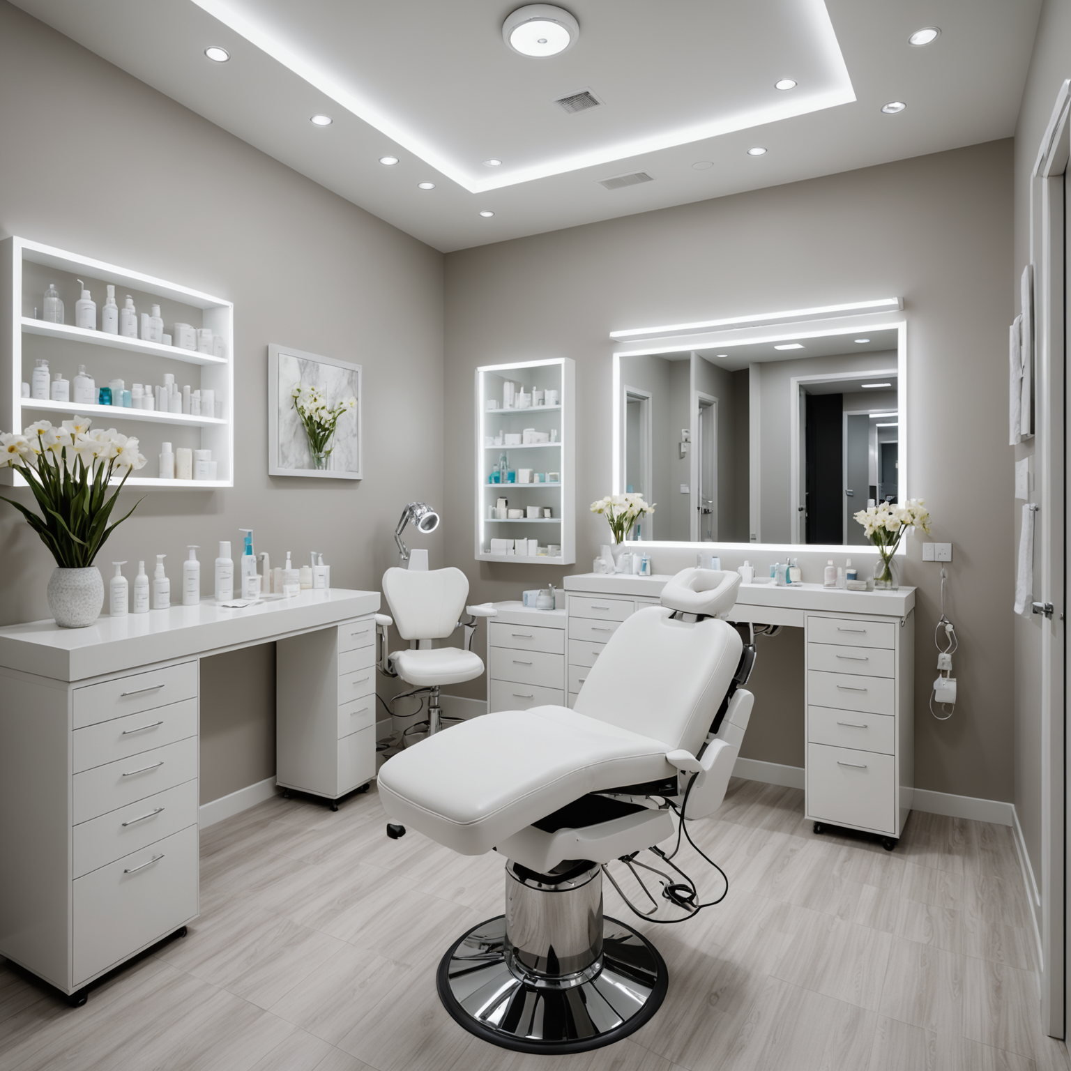 A serene, well-lit cosmetic treatment room with a professional esthetician preparing sterile tools.