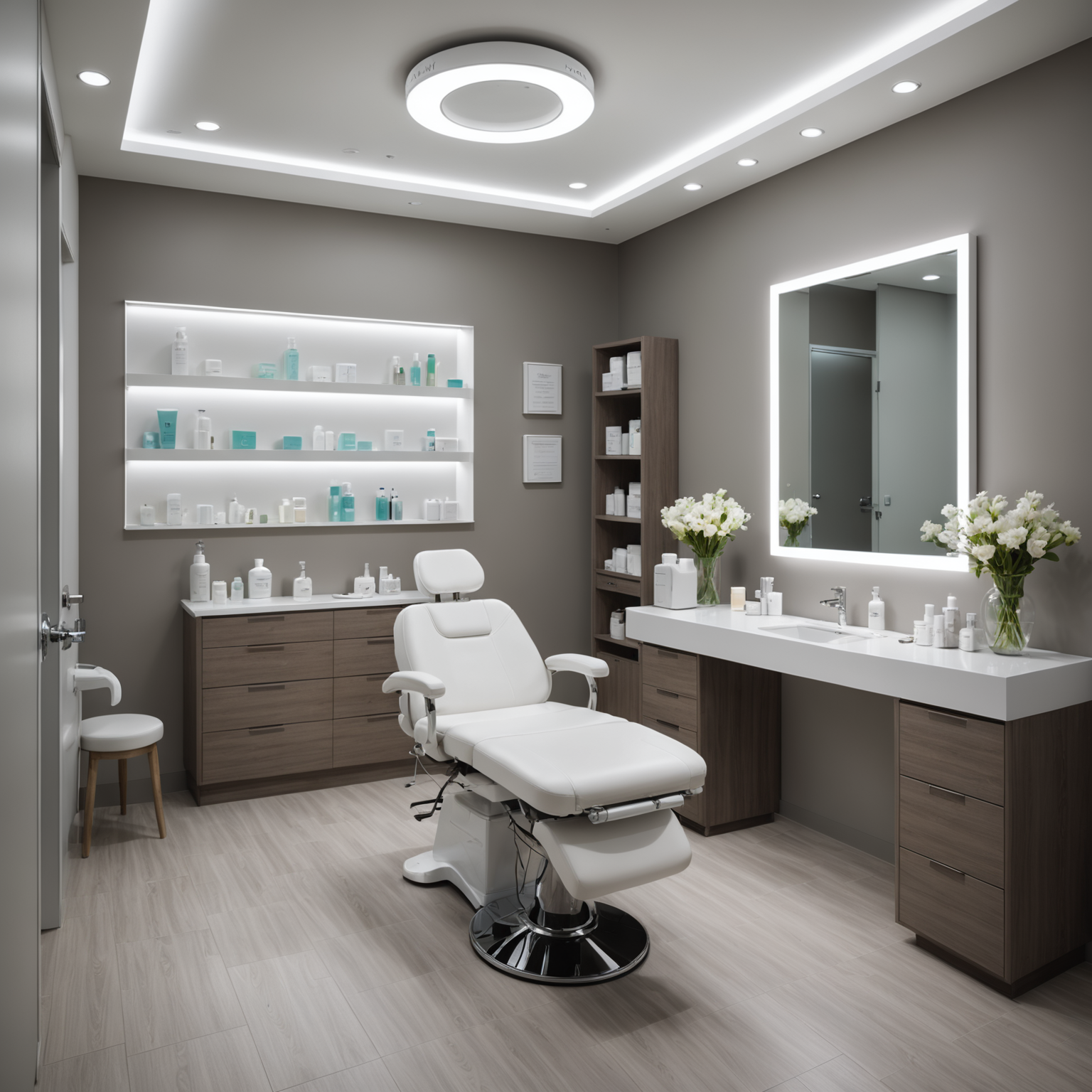 A serene treatment room in a cosmetic clinic with sterile tools and skincare textures.