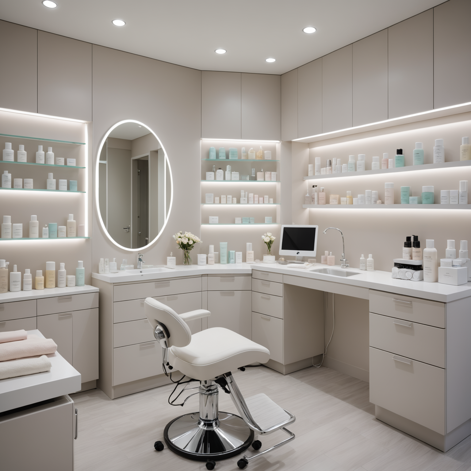 A serene cosmetic clinic treatment room with skincare textures and sterile tools.