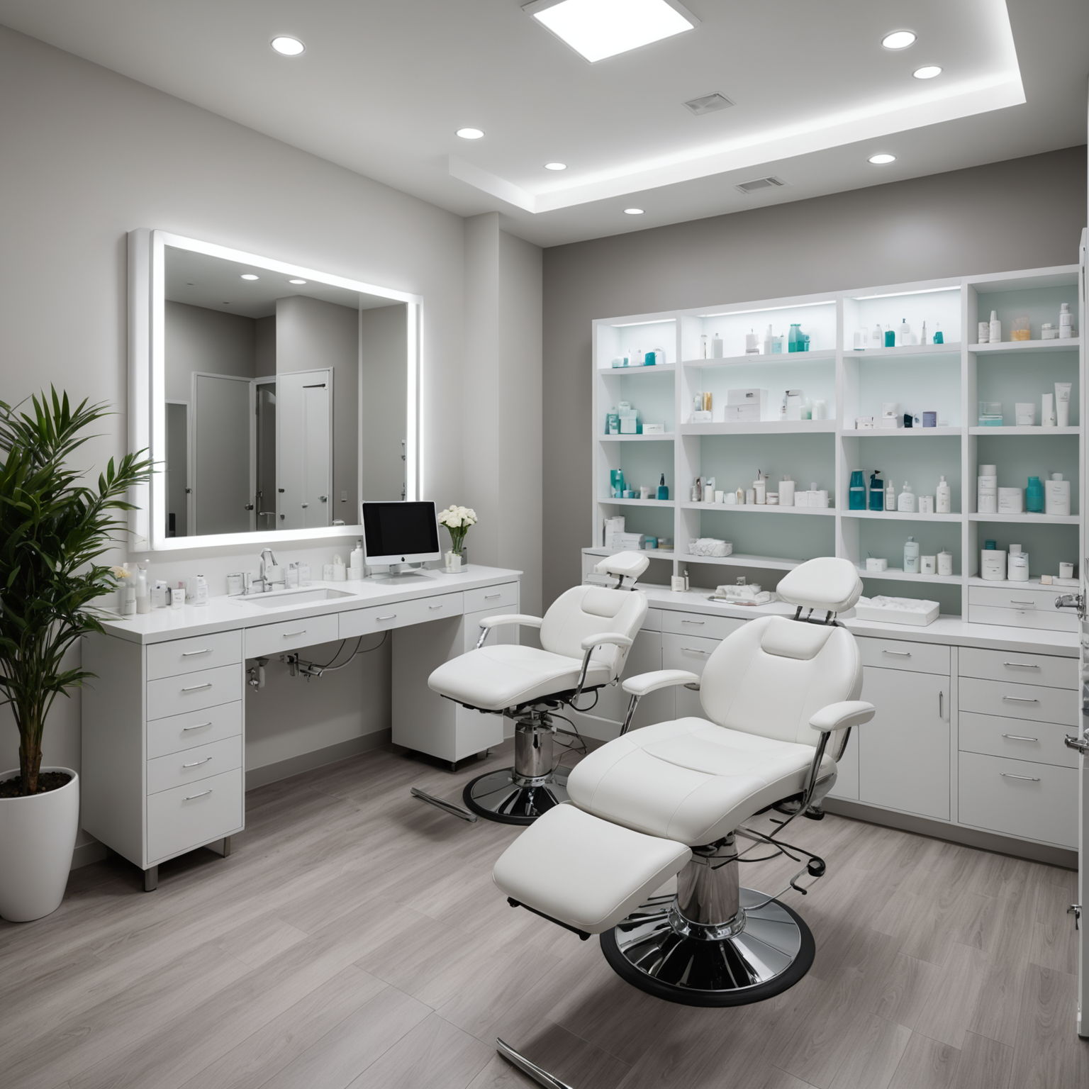A serene cosmetic treatment room with an esthetician preparing sterile tools