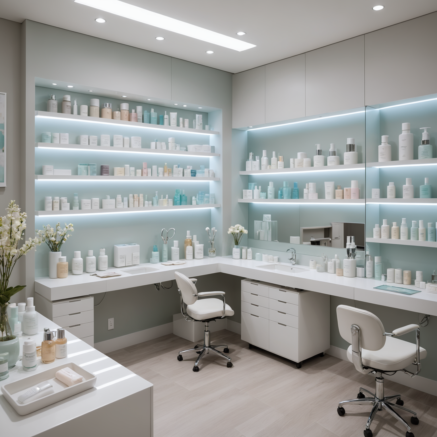 A serene cosmetic clinic with a treatment room showcasing sterile tools and skincare textures
