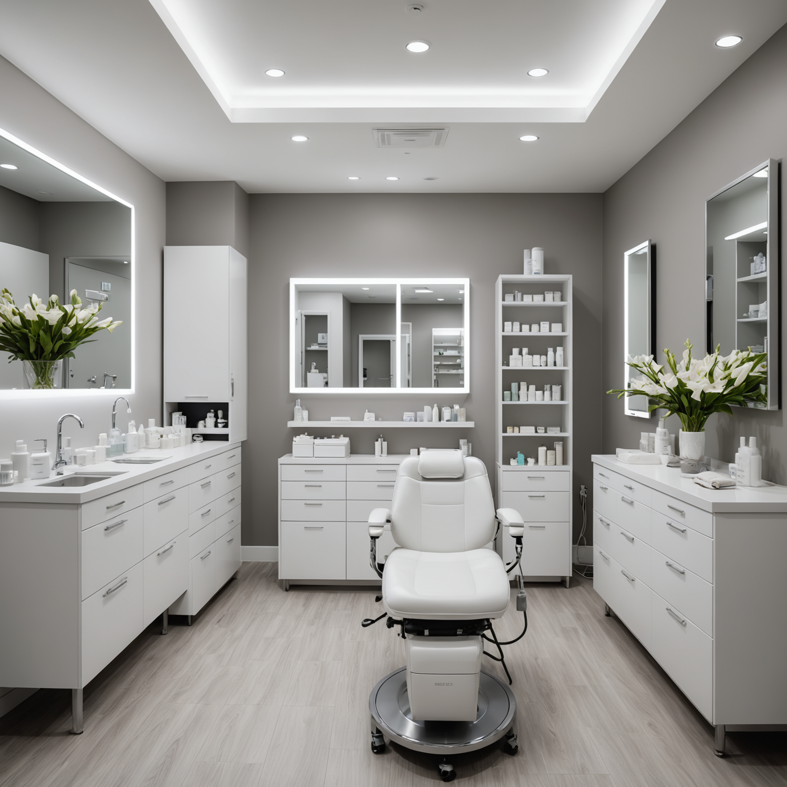 A serene cosmetic clinic with a treatment room showcasing sterile tools and skincare textures.