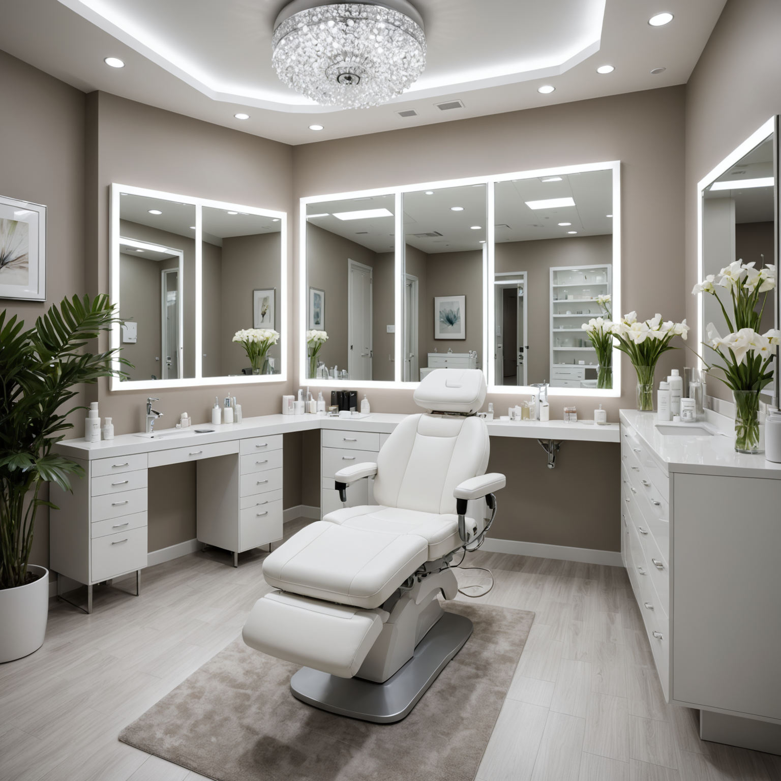 A serene cosmetic clinic treatment room showcasing a clean, professional environment with esthetician tools neatly arranged.