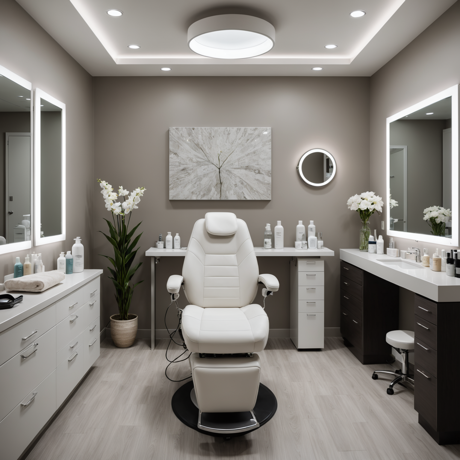 A serene cosmetic treatment room with a comfortable chair, ambient lighting, and neatly arranged sterile tools.