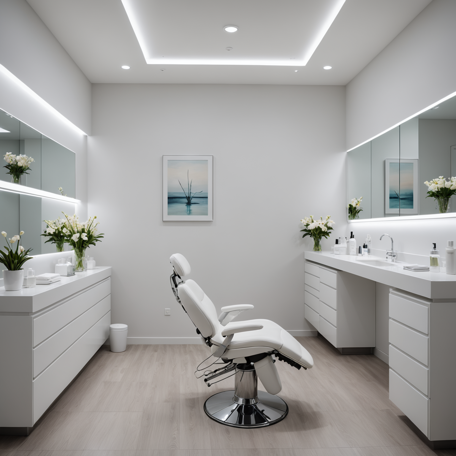 A serene cosmetic-clinic interior showing a treatment room with sterile tools