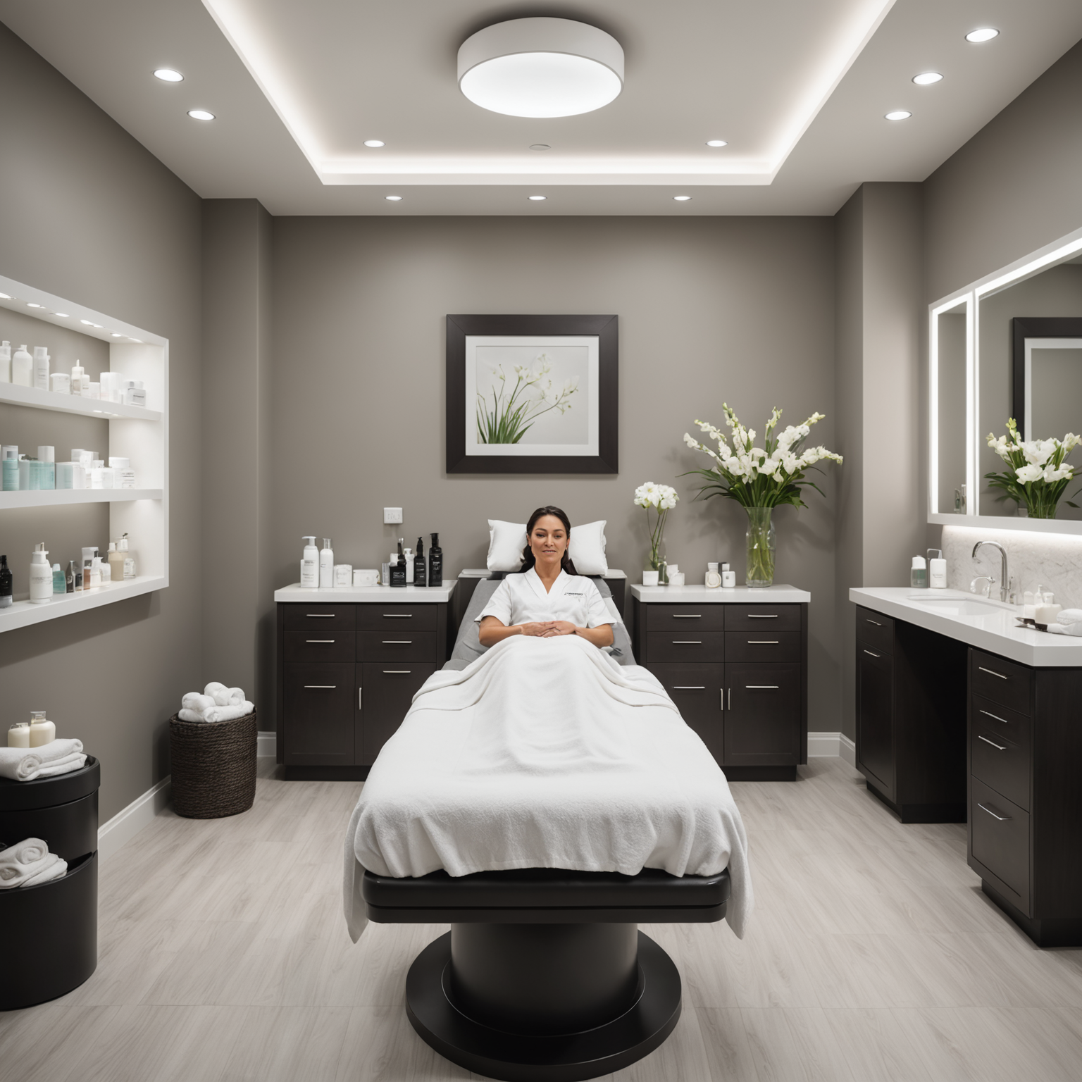 A serene spa treatment room with an esthetician preparing Botox injections, highlighting a clean and professional environment.