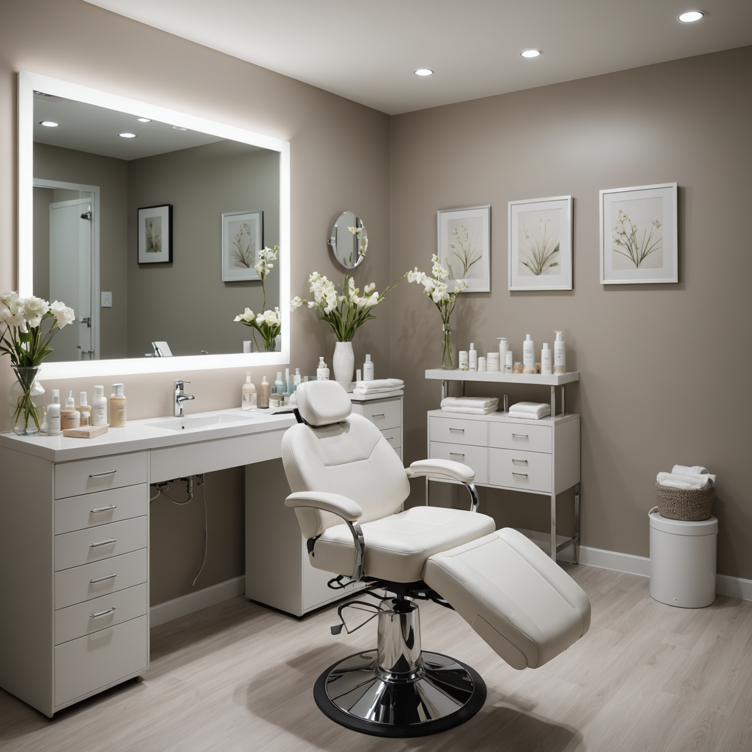 A serene cosmetic treatment room with soft lighting and a comfortable treatment chair, esthetician hands preparing sterile tools, and skincare textures in the background.