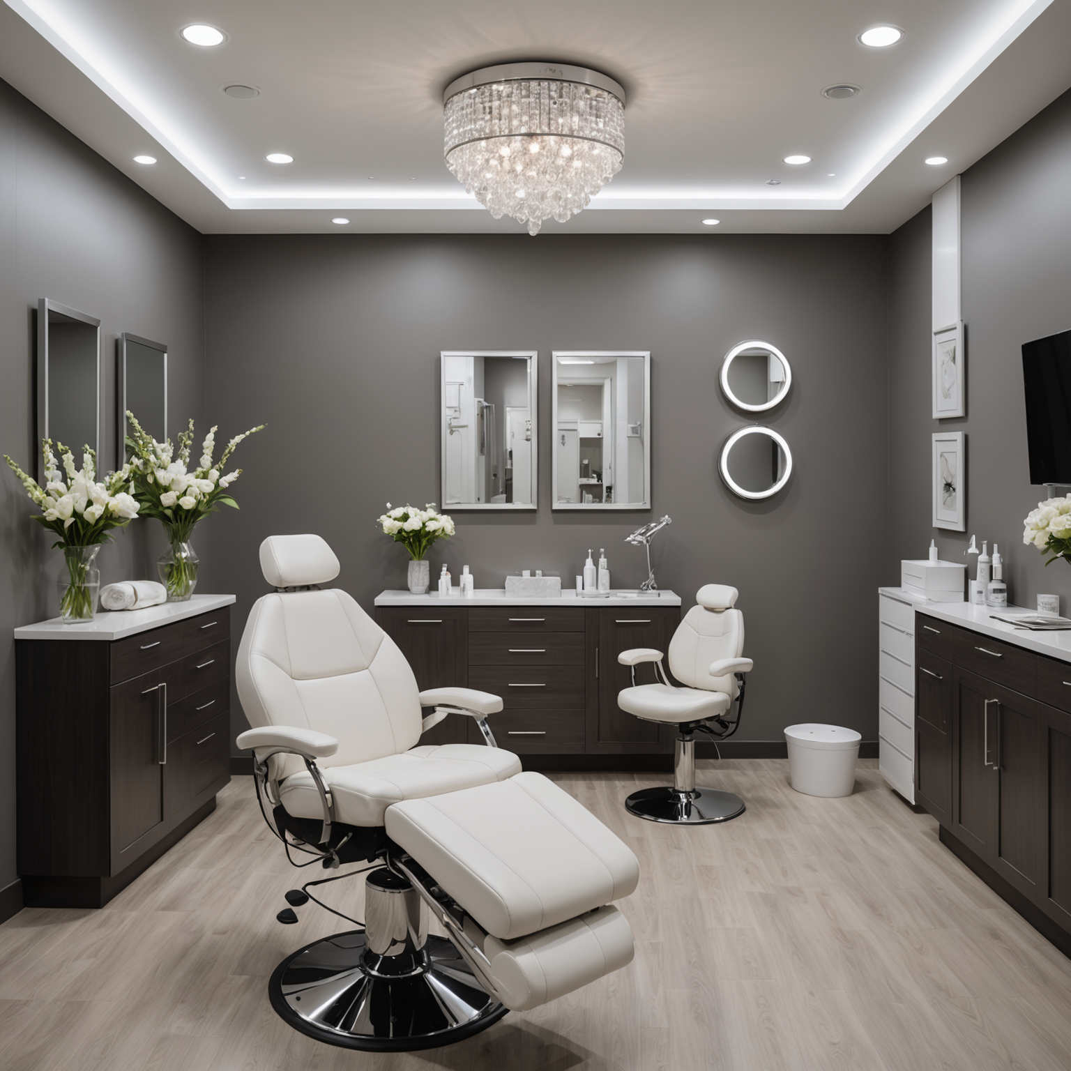 A serene clinic interior with a treatment room set up for Botox and filler procedures, featuring sterile tools and skincare textures.