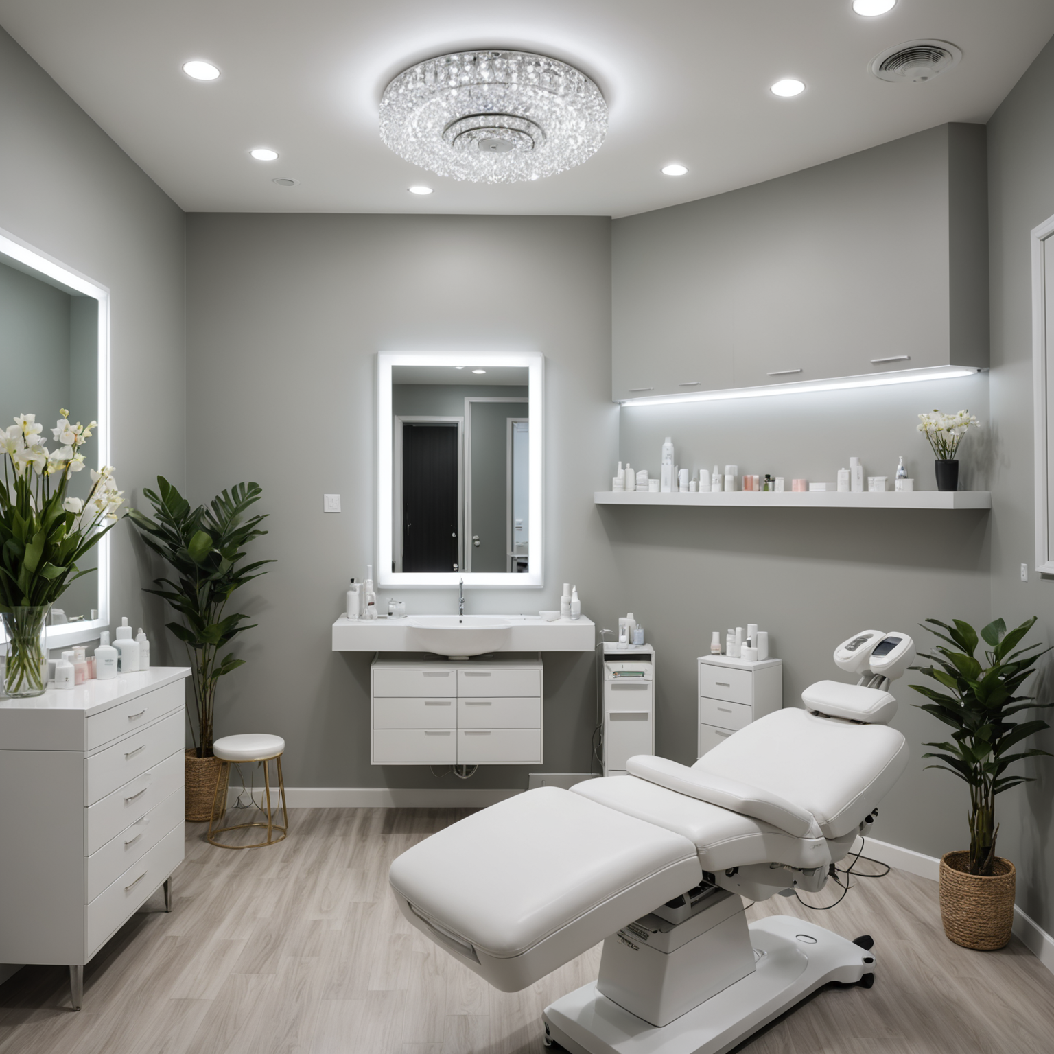 A tranquil cosmetic clinic treatment room with an esthetician's hands preparing Botox injections.