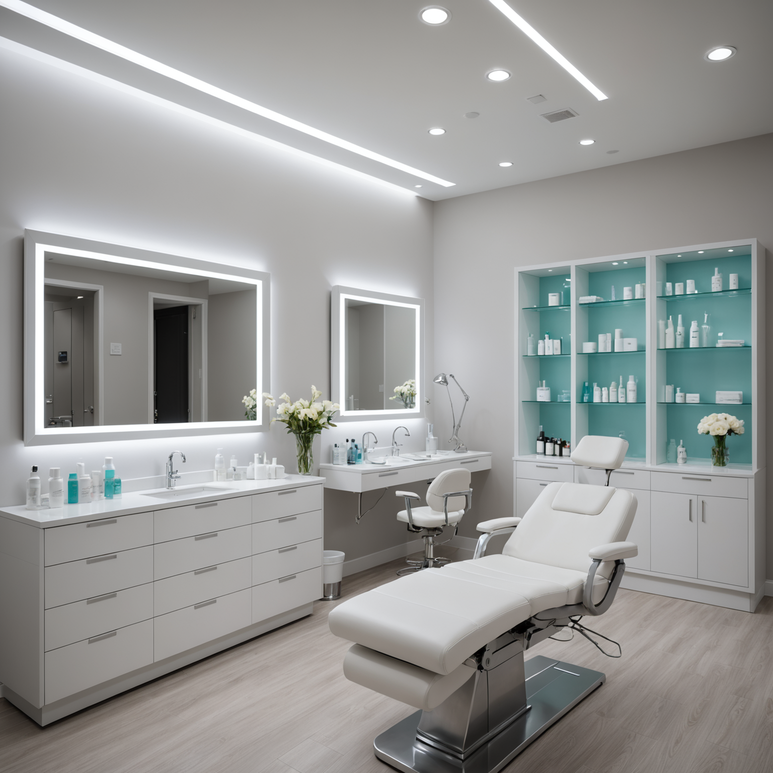 A serene Botox bar interior with a treatment room, showcasing an esthetician's hands preparing sterile tools.