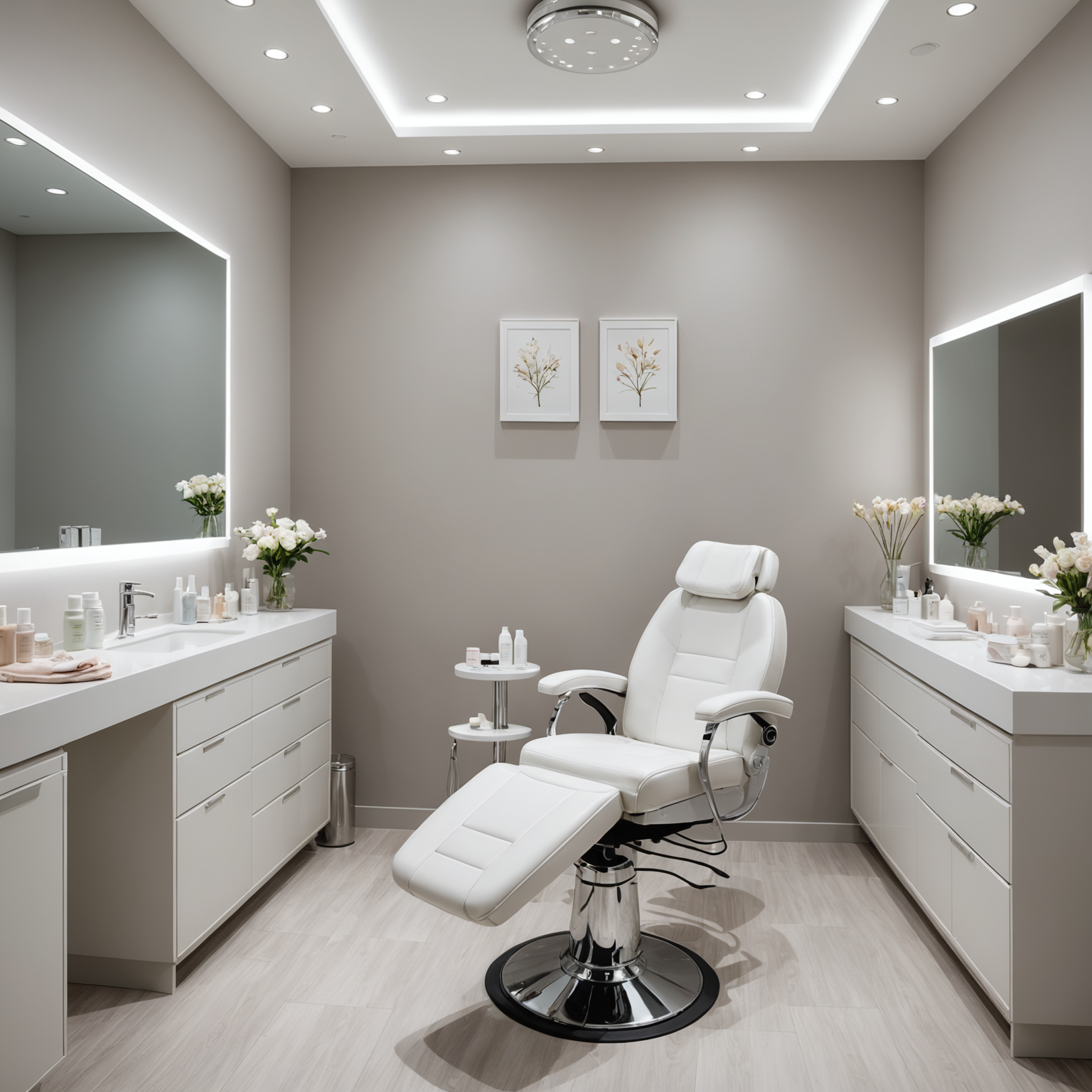 A serene cosmetic treatment room with neatly arranged skincare tools and a comfortable treatment chair