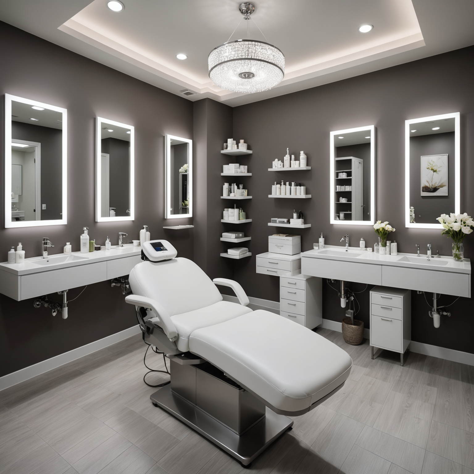 An elegant cosmetic treatment room with professional skincare tools and a serene spa interior.