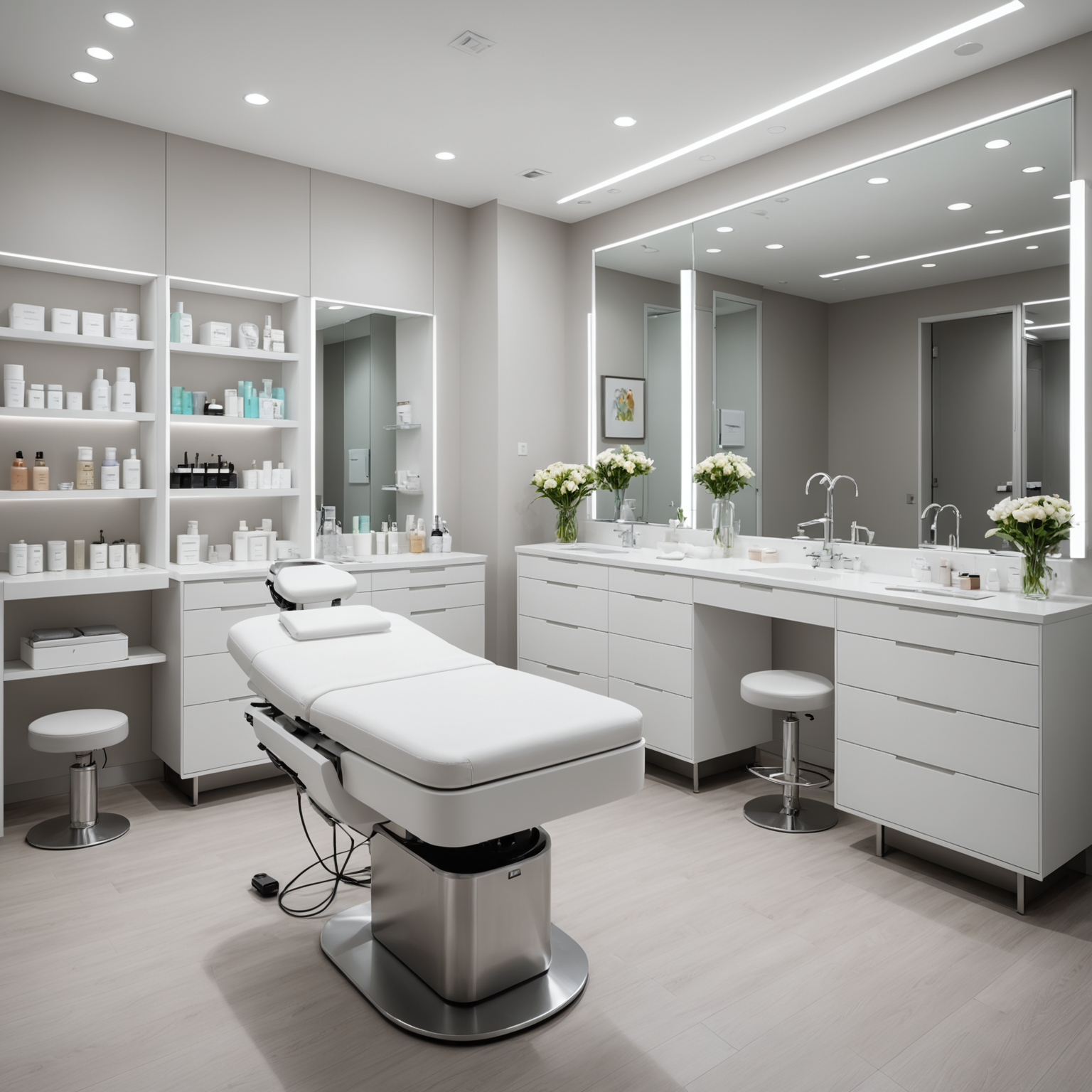 A modern cosmetic clinic treatment room with sterile tools and skincare textures